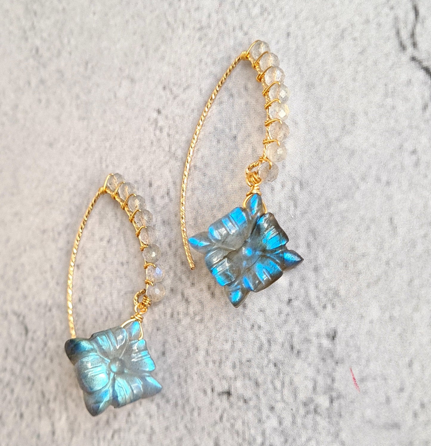 Carved Labradorite wire wrap V Hook Gemstone Earrings