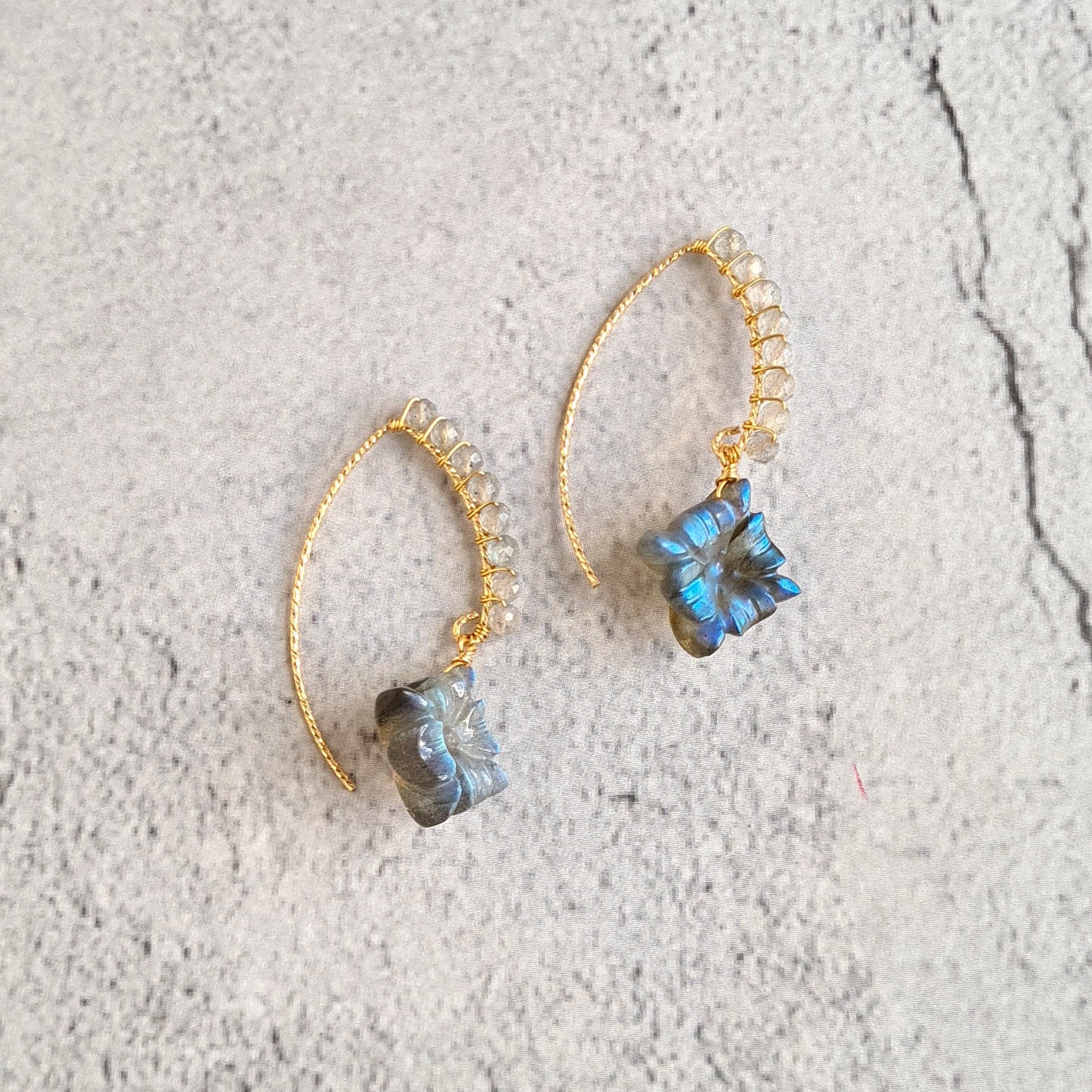 Carved Labradorite wire wrap V Hook Gemstone Earrings