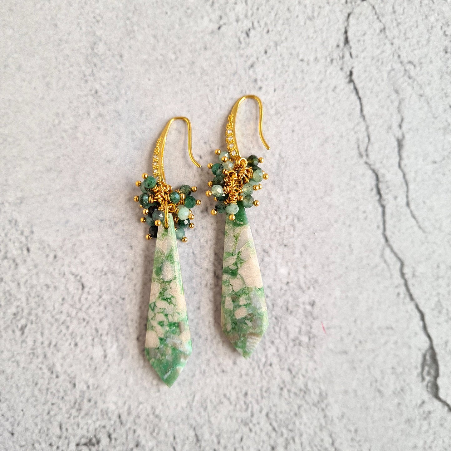 Natural Turquoise with shaded Emerald Cluster Gemstone Earrings