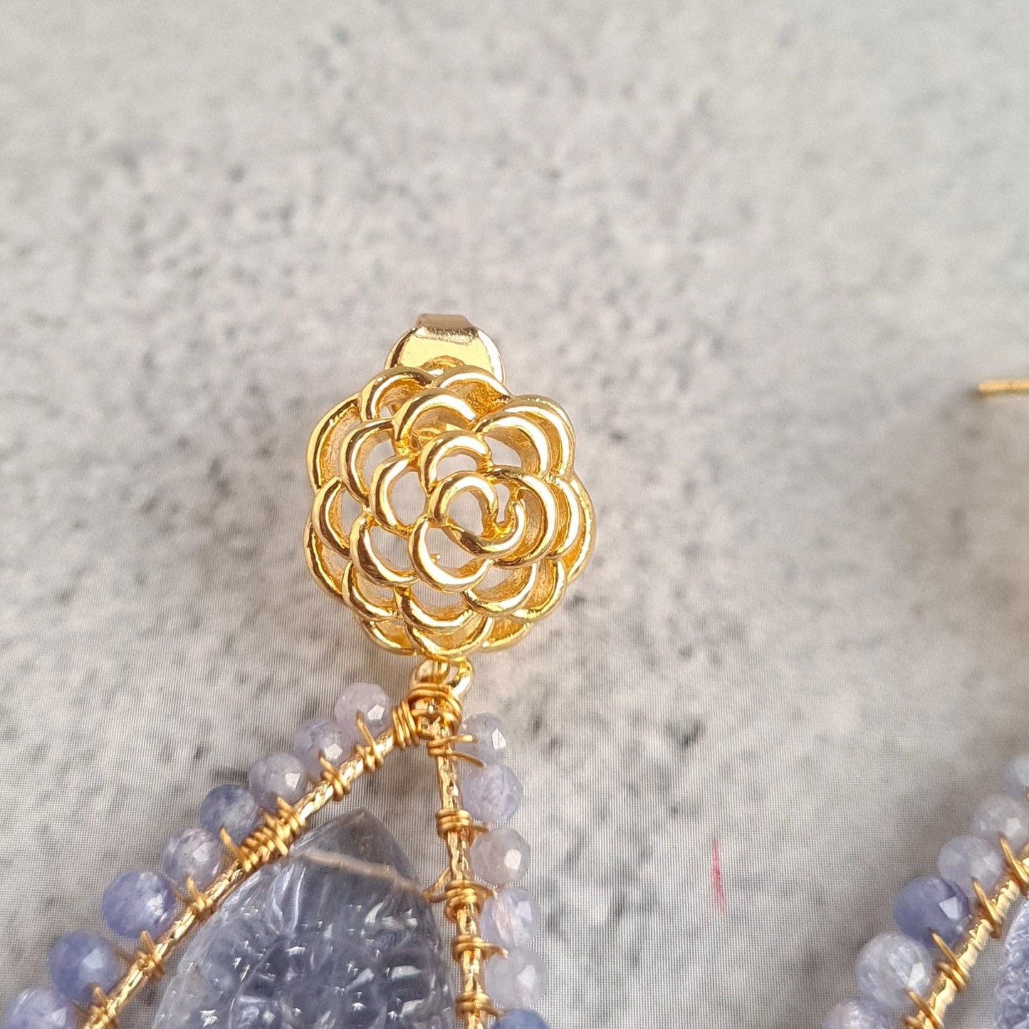 Carved Amethyst Pear with Tanzanite wire Wrap Gemstone Earrings