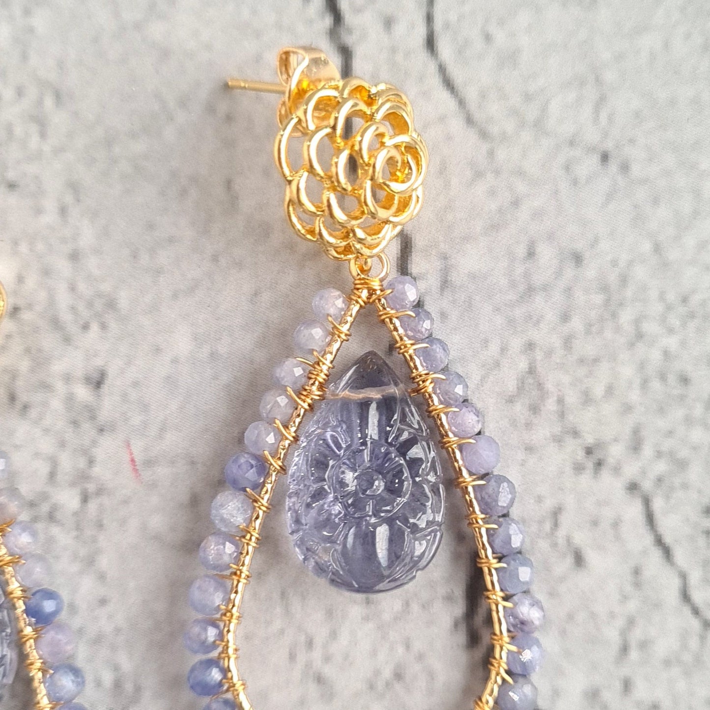 Carved Amethyst Pear with Tanzanite wire Wrap Gemstone Earrings