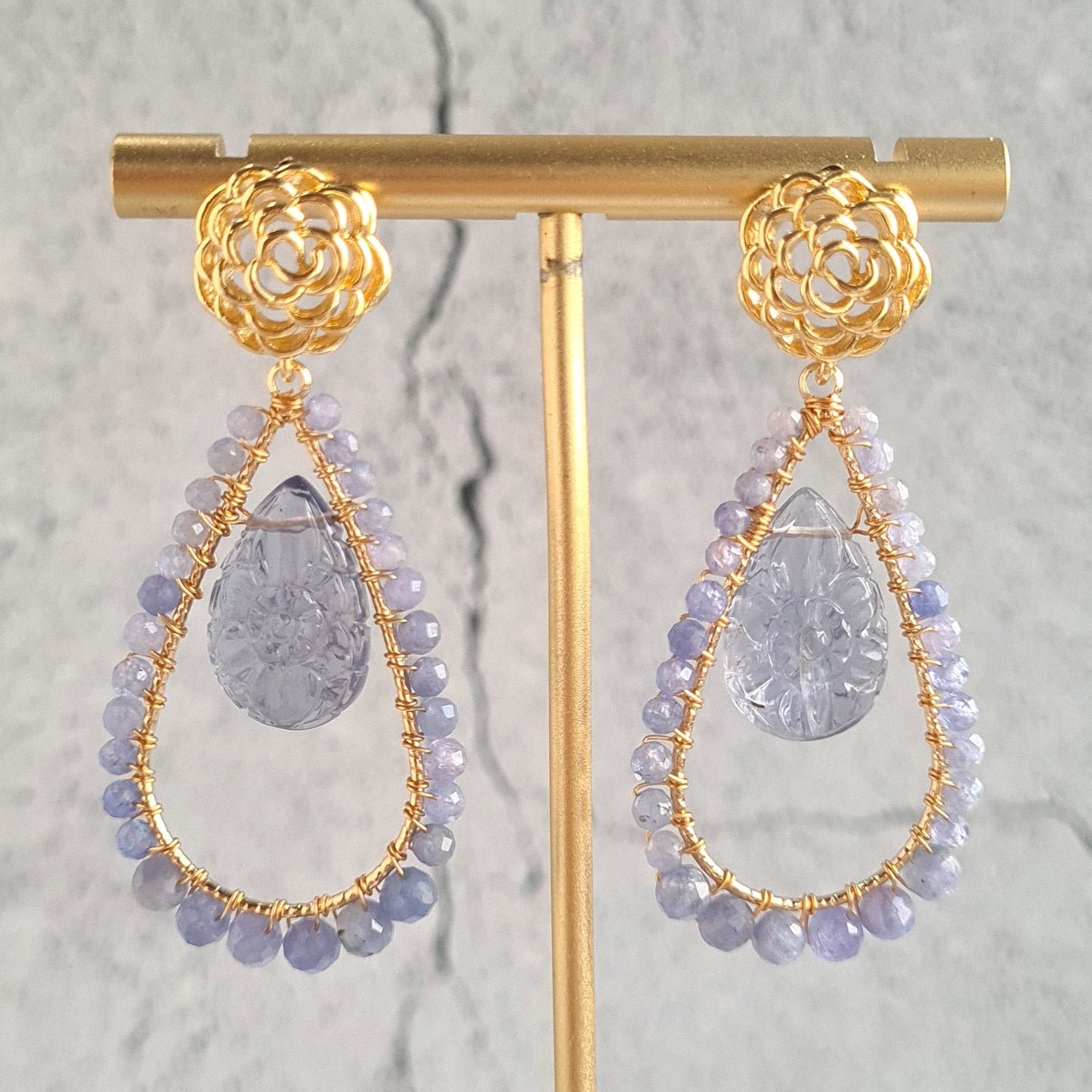 Carved Amethyst Pear with Tanzanite wire Wrap Gemstone Earrings