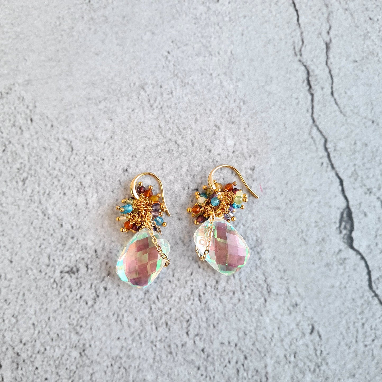 Rainbow Quartz Brick with Rainbow Gemstone Cluster Earrings