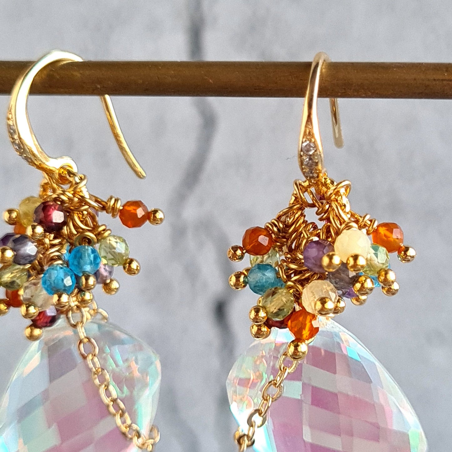 Rainbow Quartz Brick with Rainbow Gemstone Cluster Earrings