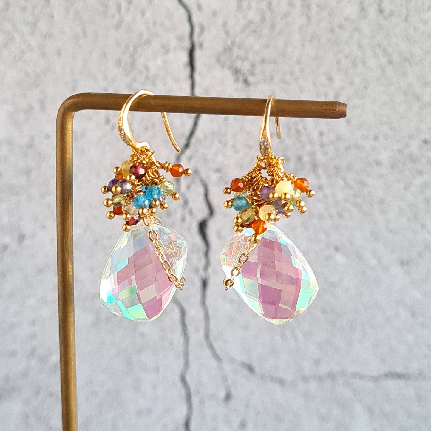 Rainbow Quartz Brick with Rainbow Gemstone Cluster Earrings