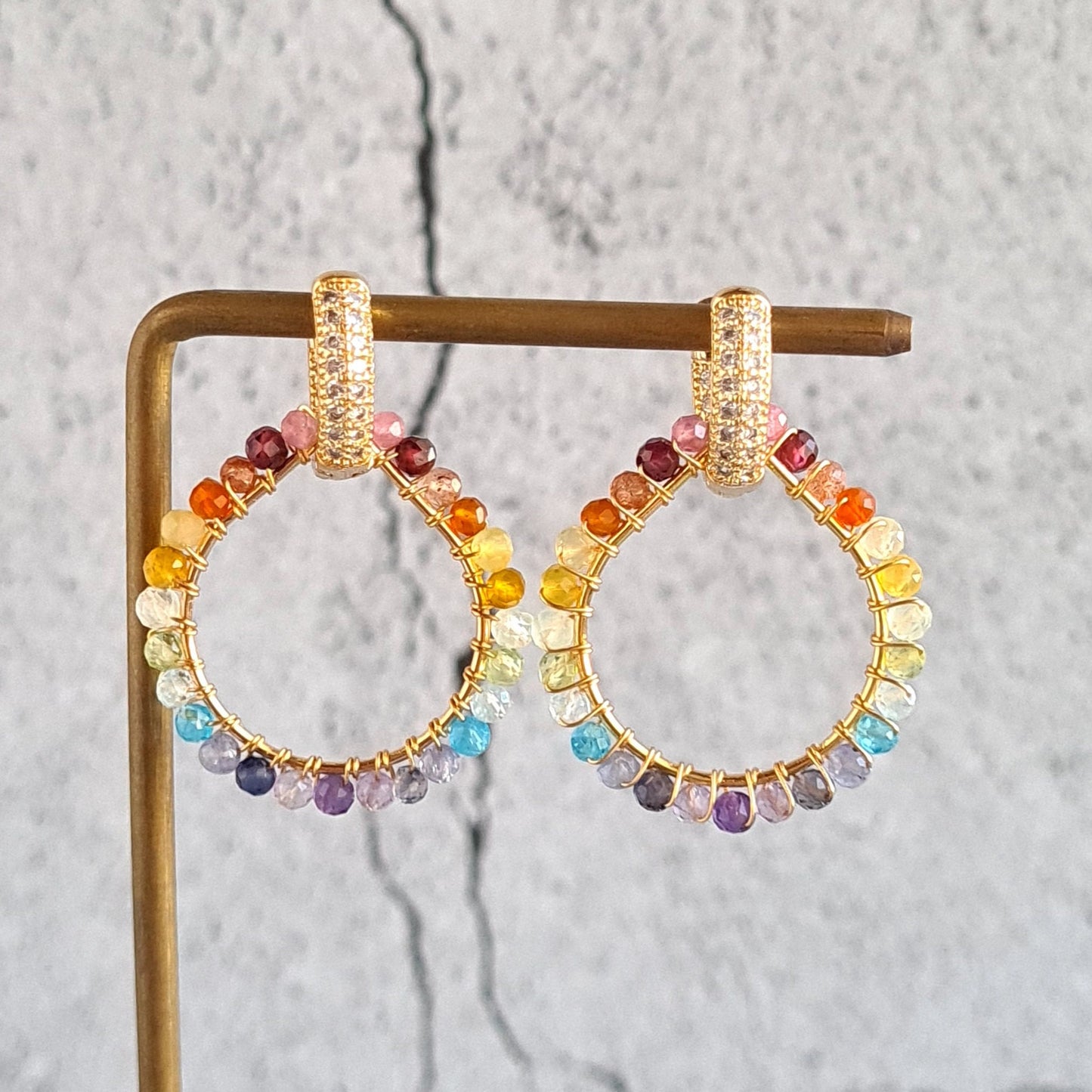 Rainbow Gemstone Ombre Wire Wrap with 14K fancy CZ Ear Hoop