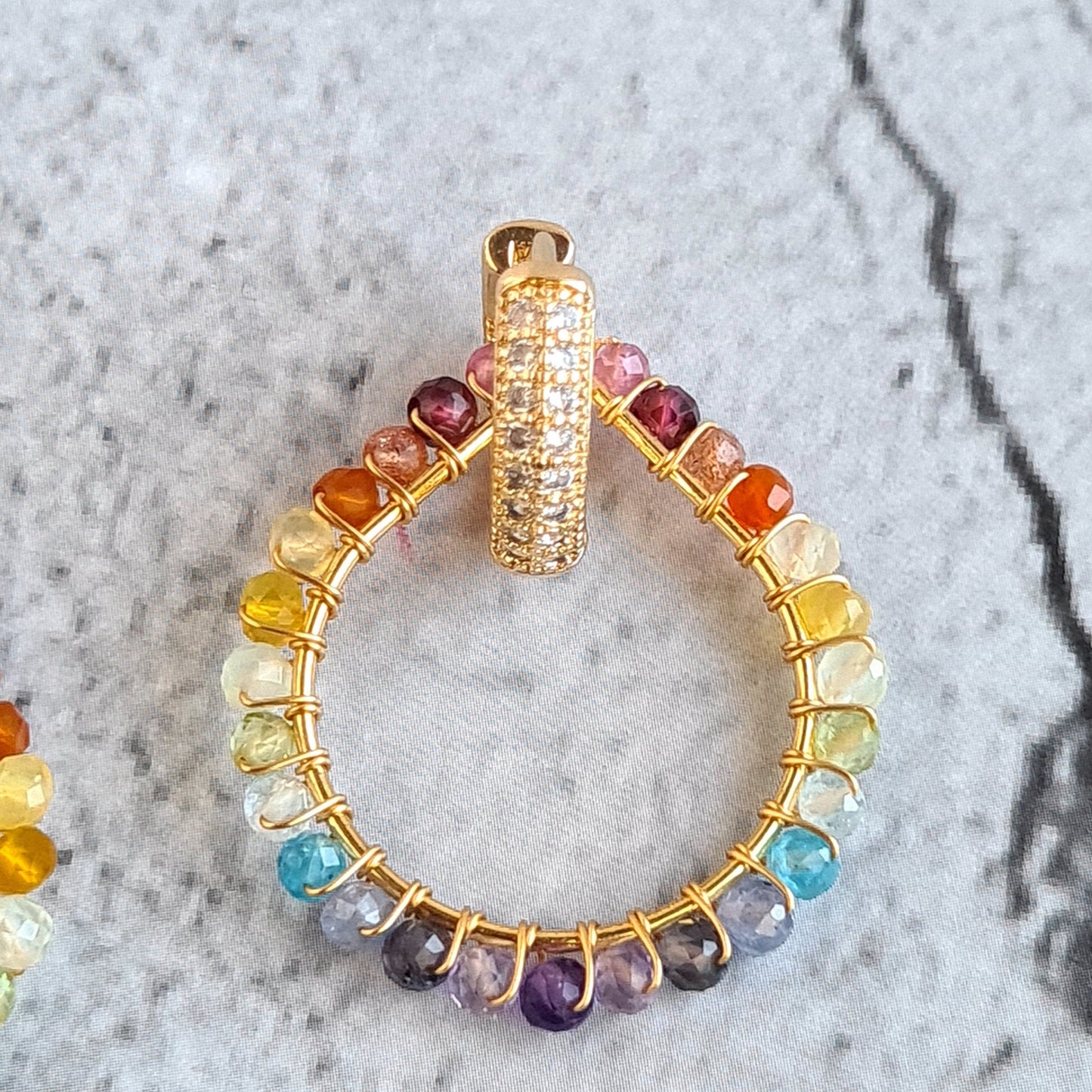 Rainbow Gemstone Ombre Wire Wrap with 14K fancy CZ Ear Hoop