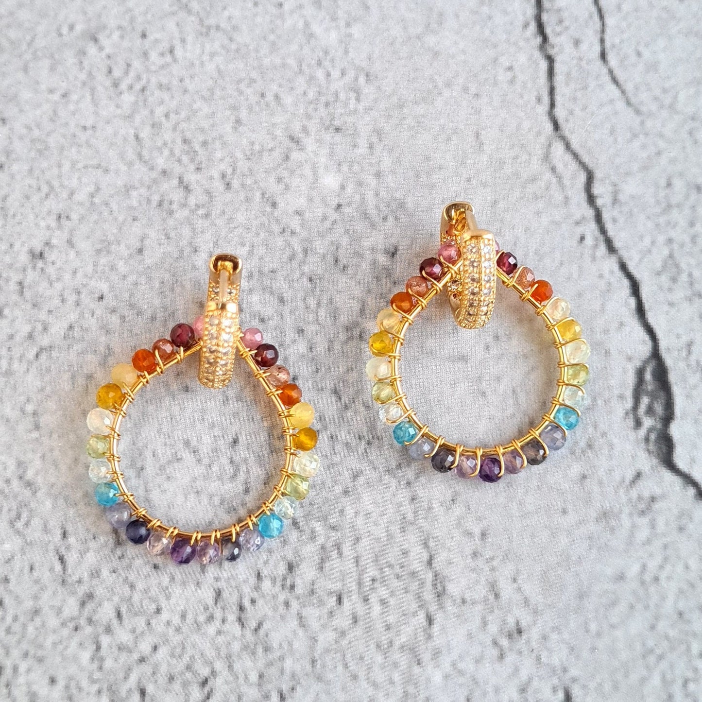 Rainbow Gemstone Ombre Wire Wrap with 14K fancy CZ Ear Hoop