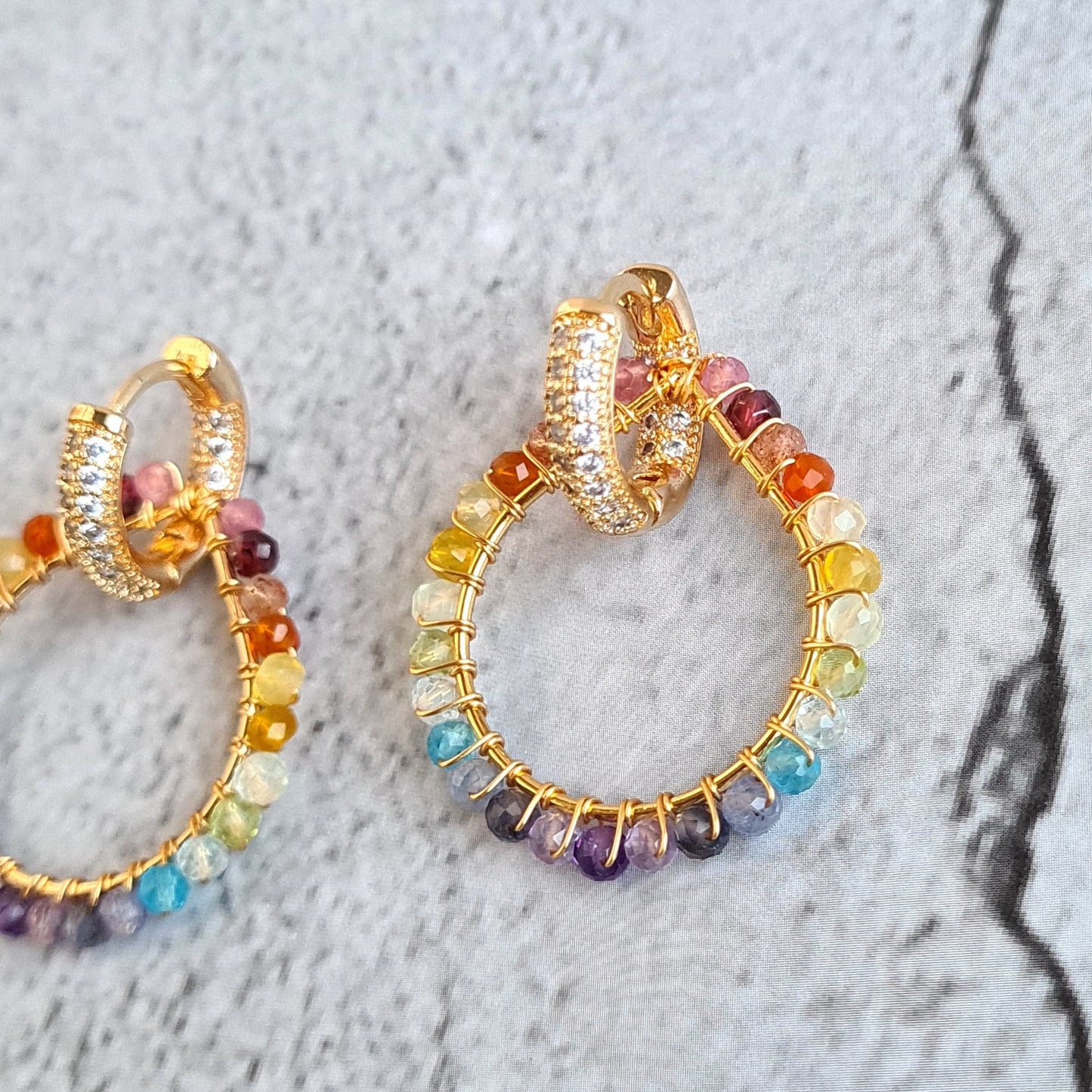 Rainbow Gemstone Ombre Wire Wrap with 14K fancy CZ Ear Hoop