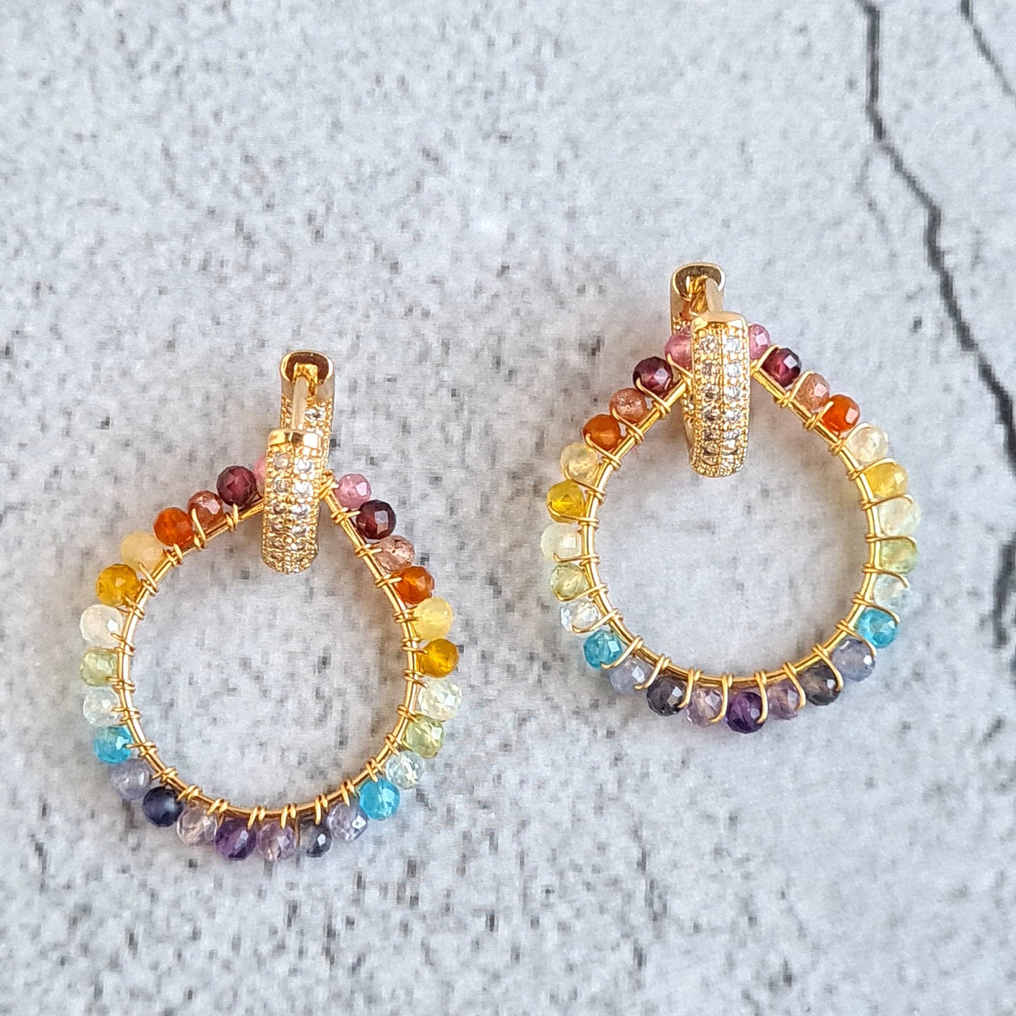 Rainbow Gemstone Ombre Wire Wrap with 14K fancy CZ Ear Hoop
