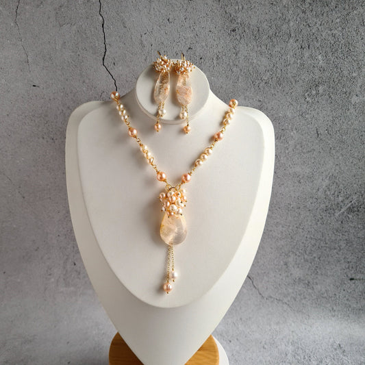 Clear Quartz with Fresh Water Pearl Necklace & Earrings Set