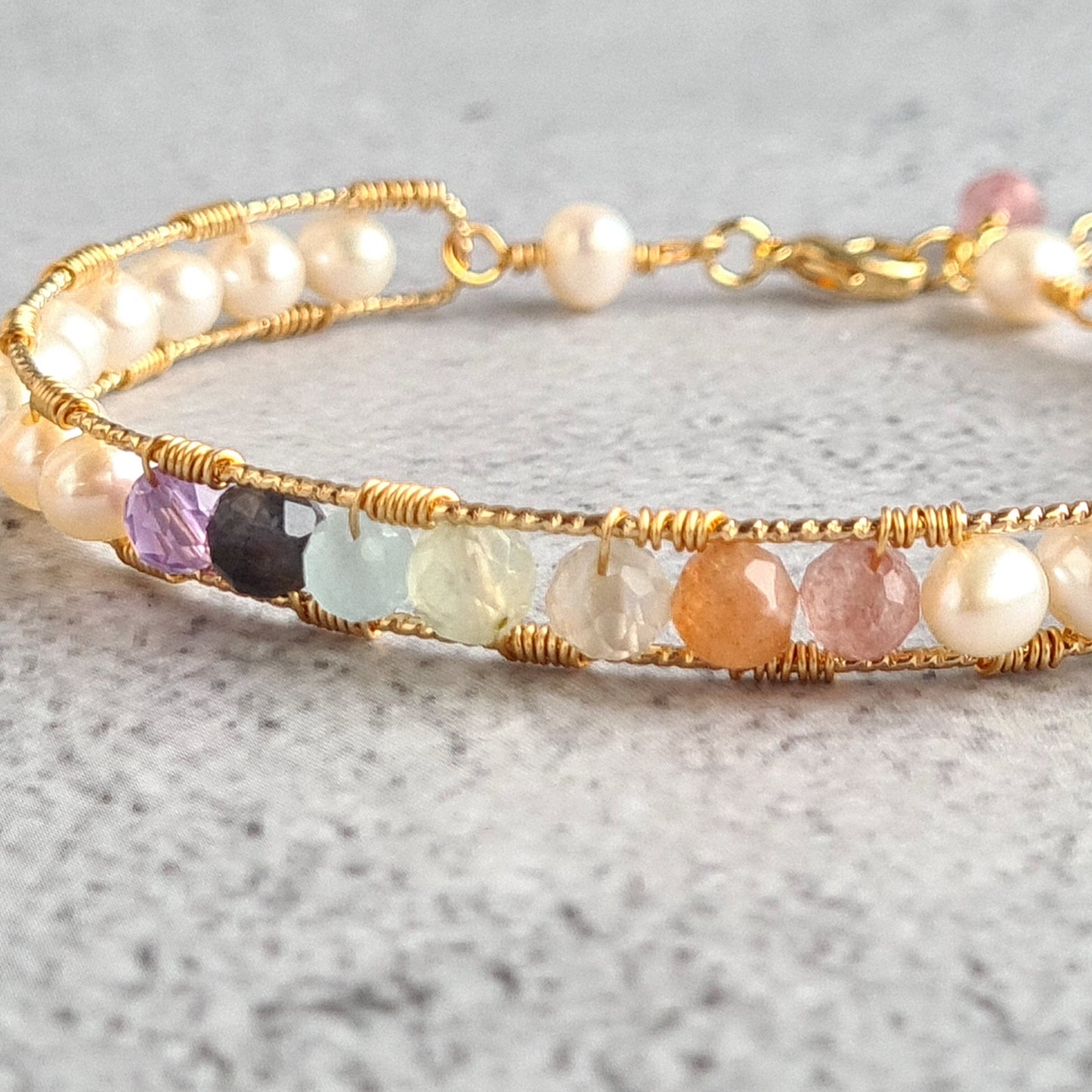 Rainbow Gemstone with fresh water pearl Semi Cuff Bangle