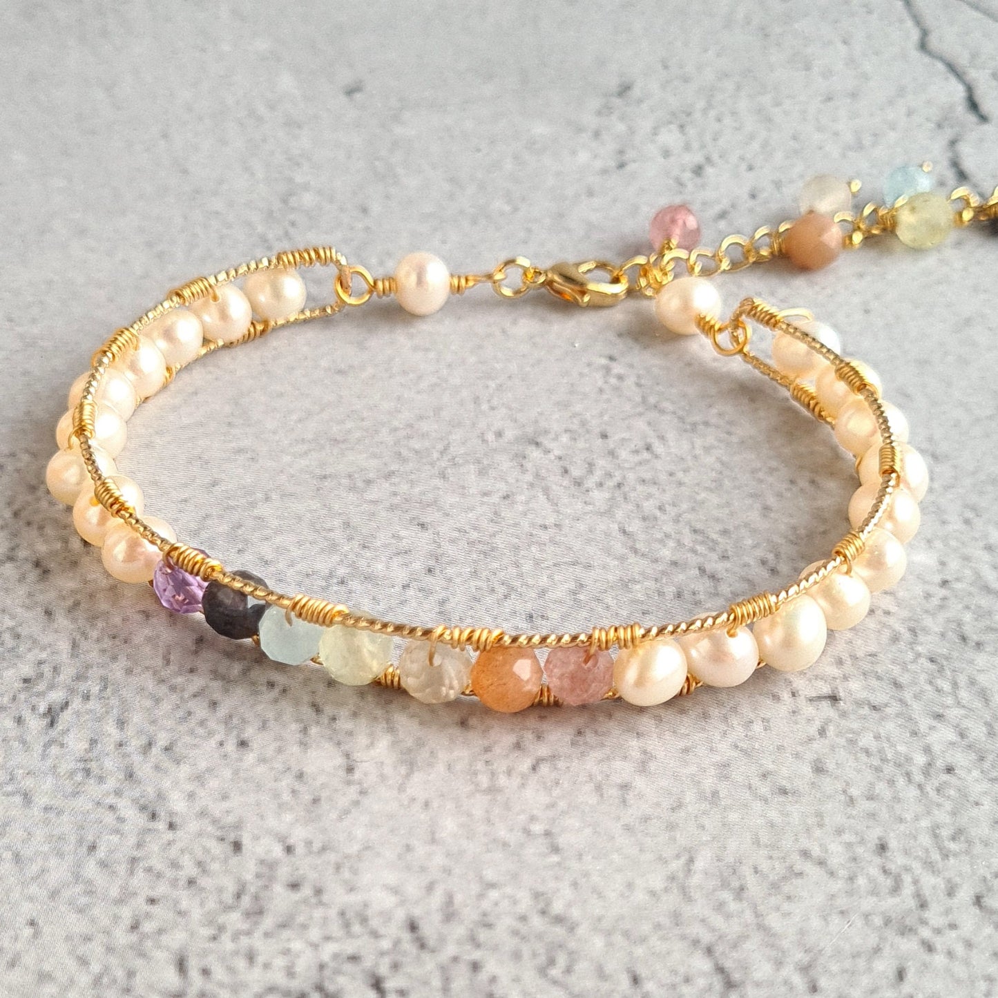 Rainbow Gemstone with fresh water pearl Semi Cuff Bangle