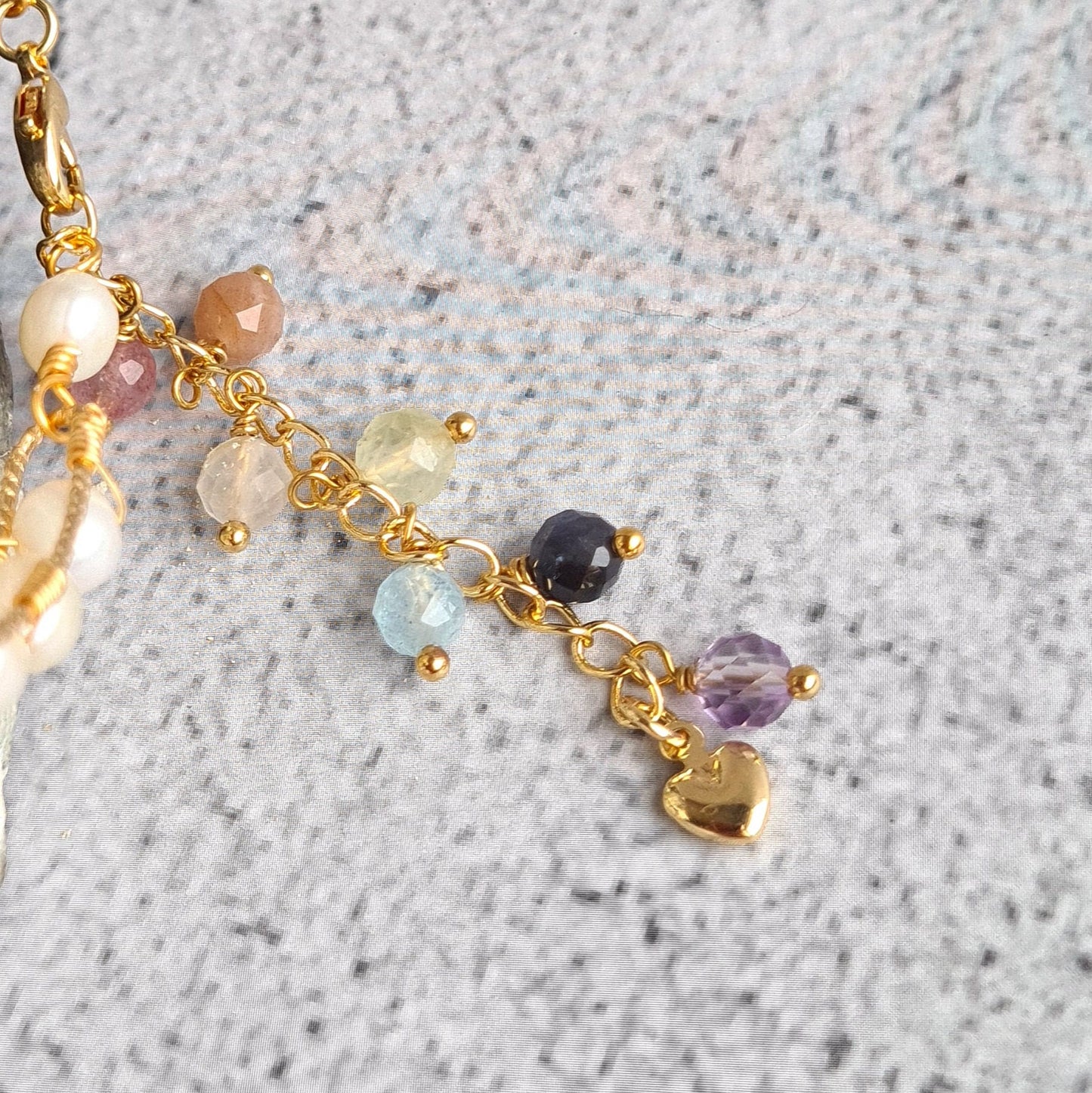 Rainbow Gemstone with fresh water pearl Semi Cuff Bangle