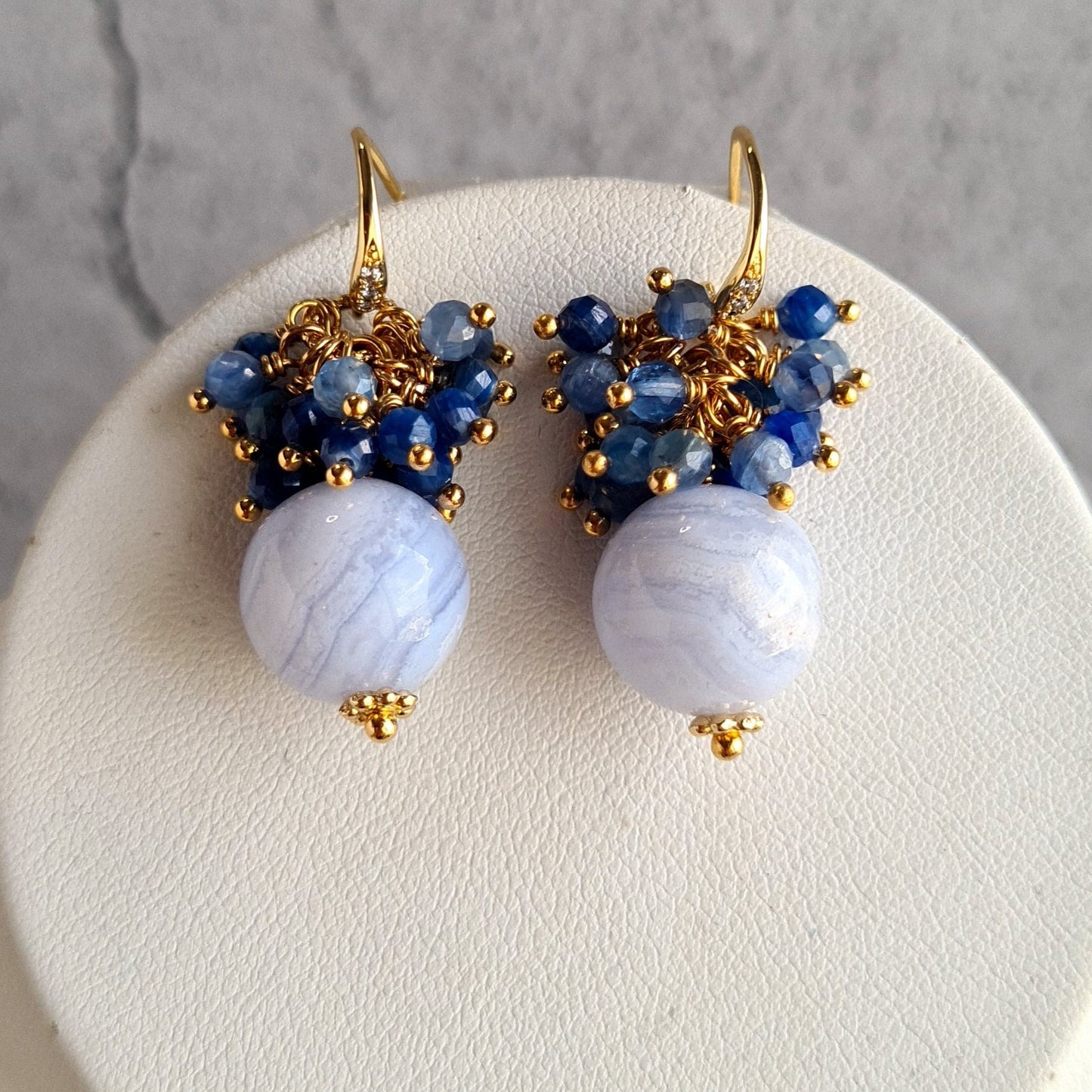 Blue Laca Agate with Kyanite Gemstone Cluster Earrings, Pendant, Necklace Set