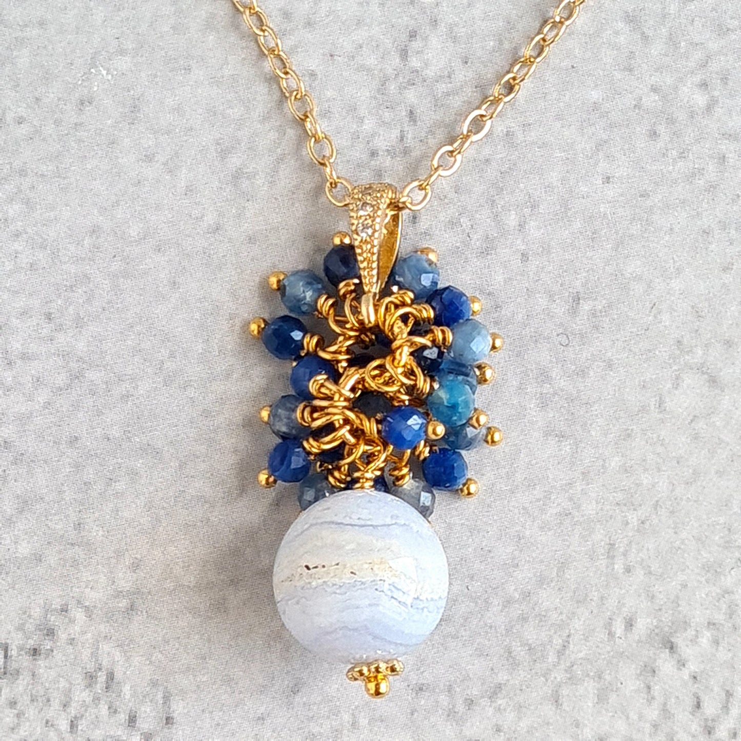 Blue Laca Agate with Kyanite Gemstone Cluster Earrings, Pendant, Necklace Set