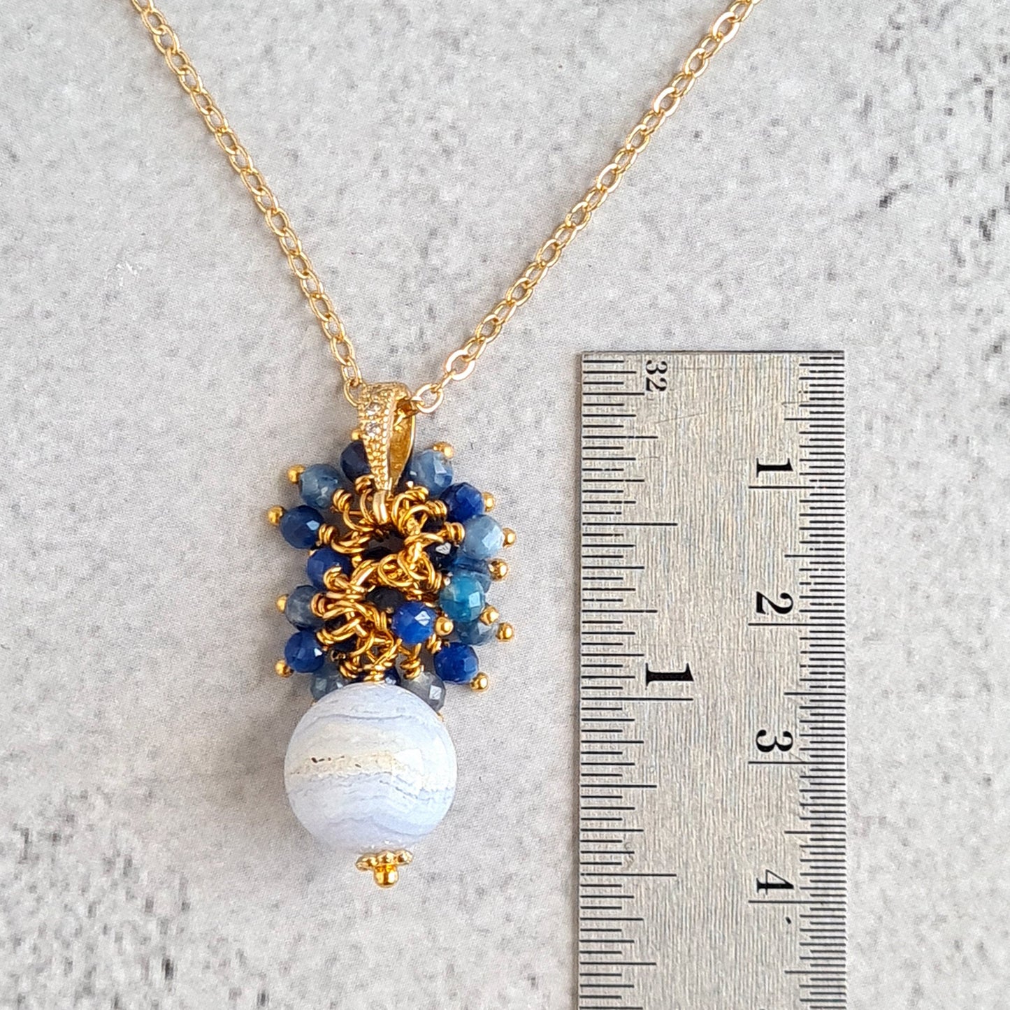 Blue Laca Agate with Kyanite Gemstone Cluster Earrings, Pendant, Necklace Set