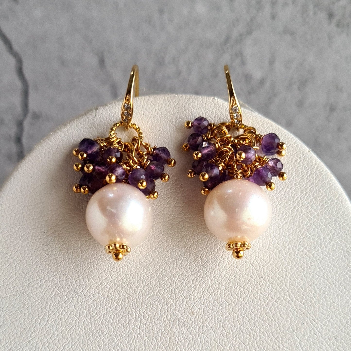 Fresh Water Pearl with Amethyst Gemstone Cluster Earrings, Pendant, Necklace Set