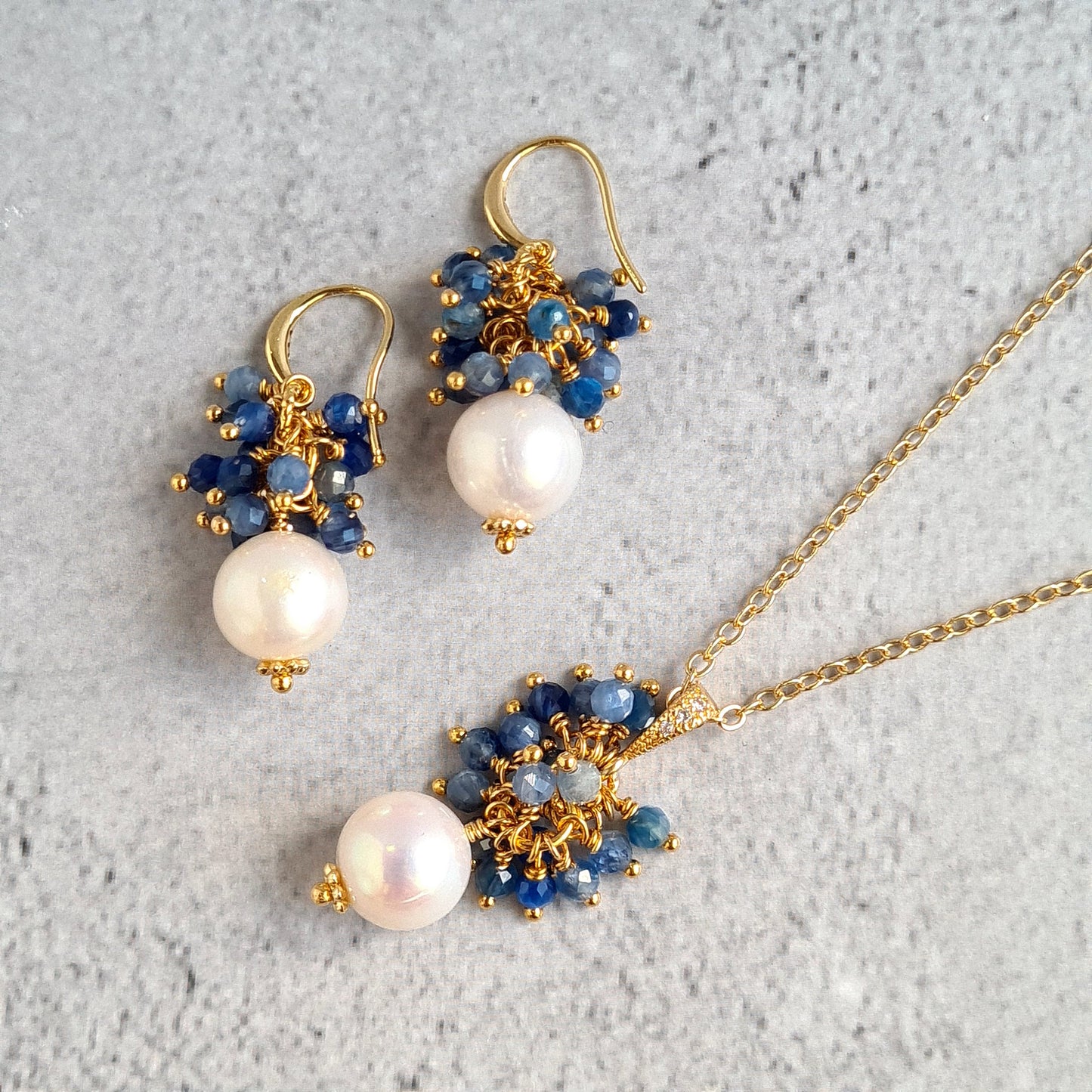 Fresh Water Pearl with Kyanite Gemstone Cluster Earrings, Pendant, Necklace Set