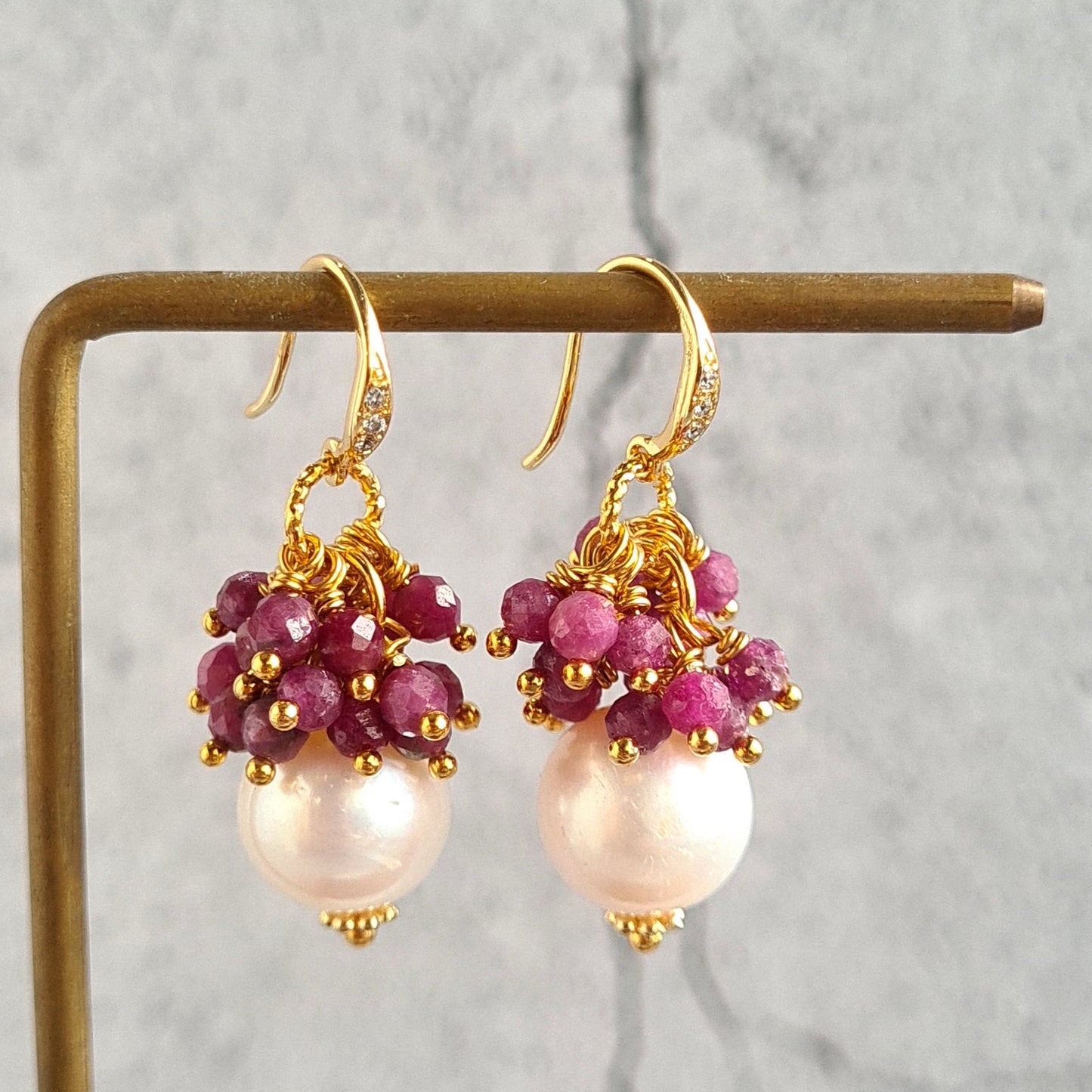 Fresh Water Pearl with Ruby Gemstone Cluster Earrings, Pendant, Necklace Set