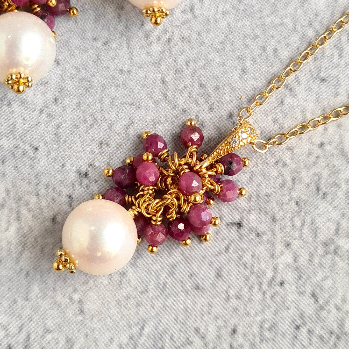 Fresh Water Pearl with Ruby Gemstone Cluster Earrings, Pendant, Necklace Set