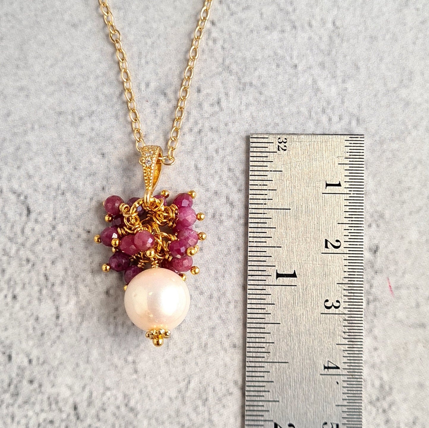 Fresh Water Pearl with Ruby Gemstone Cluster Earrings, Pendant, Necklace Set