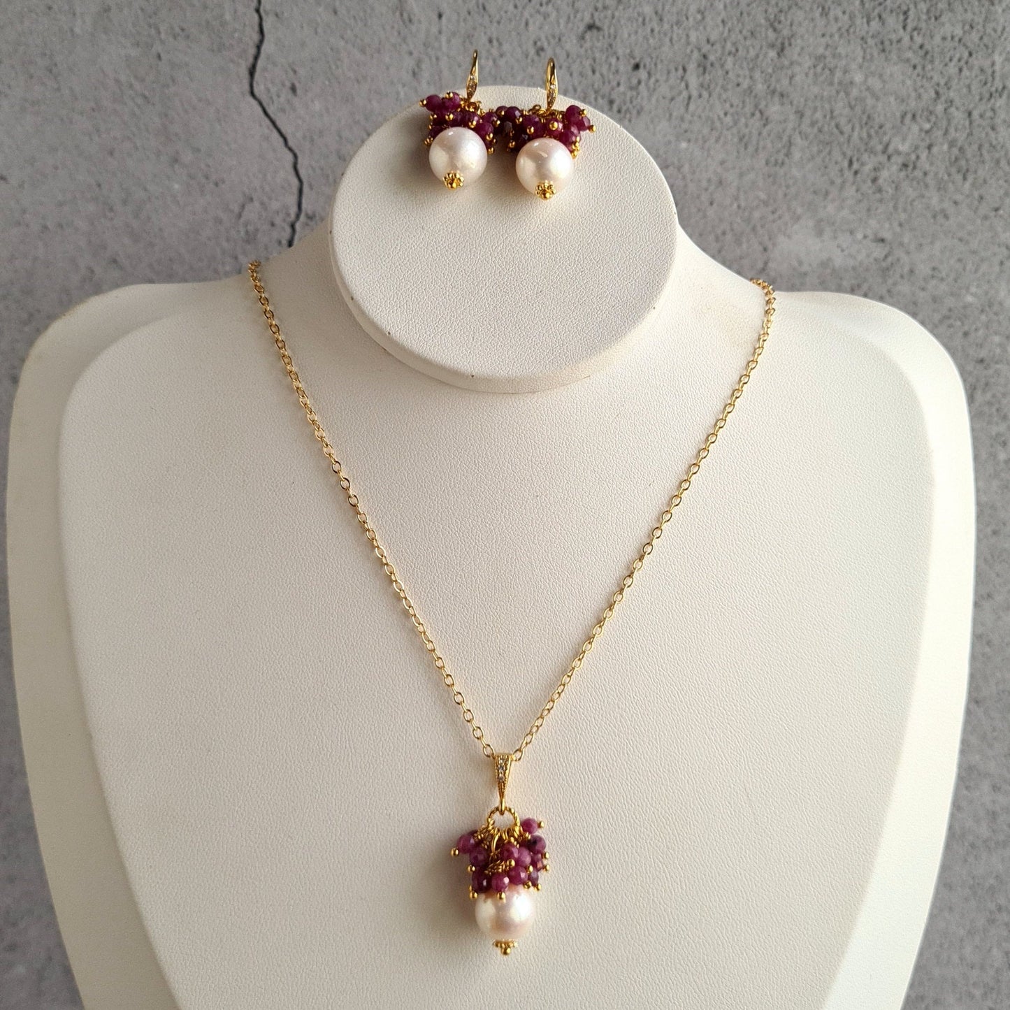 Fresh Water Pearl with Ruby Gemstone Cluster Earrings, Pendant, Necklace Set