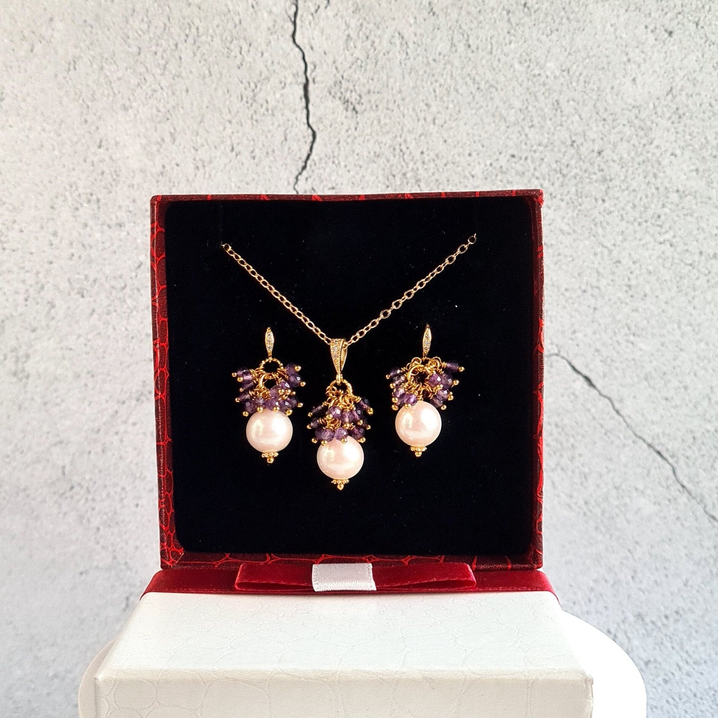 Fresh Water Pearl with Amethyst Gemstone Cluster Earrings, Pendant, Necklace Set