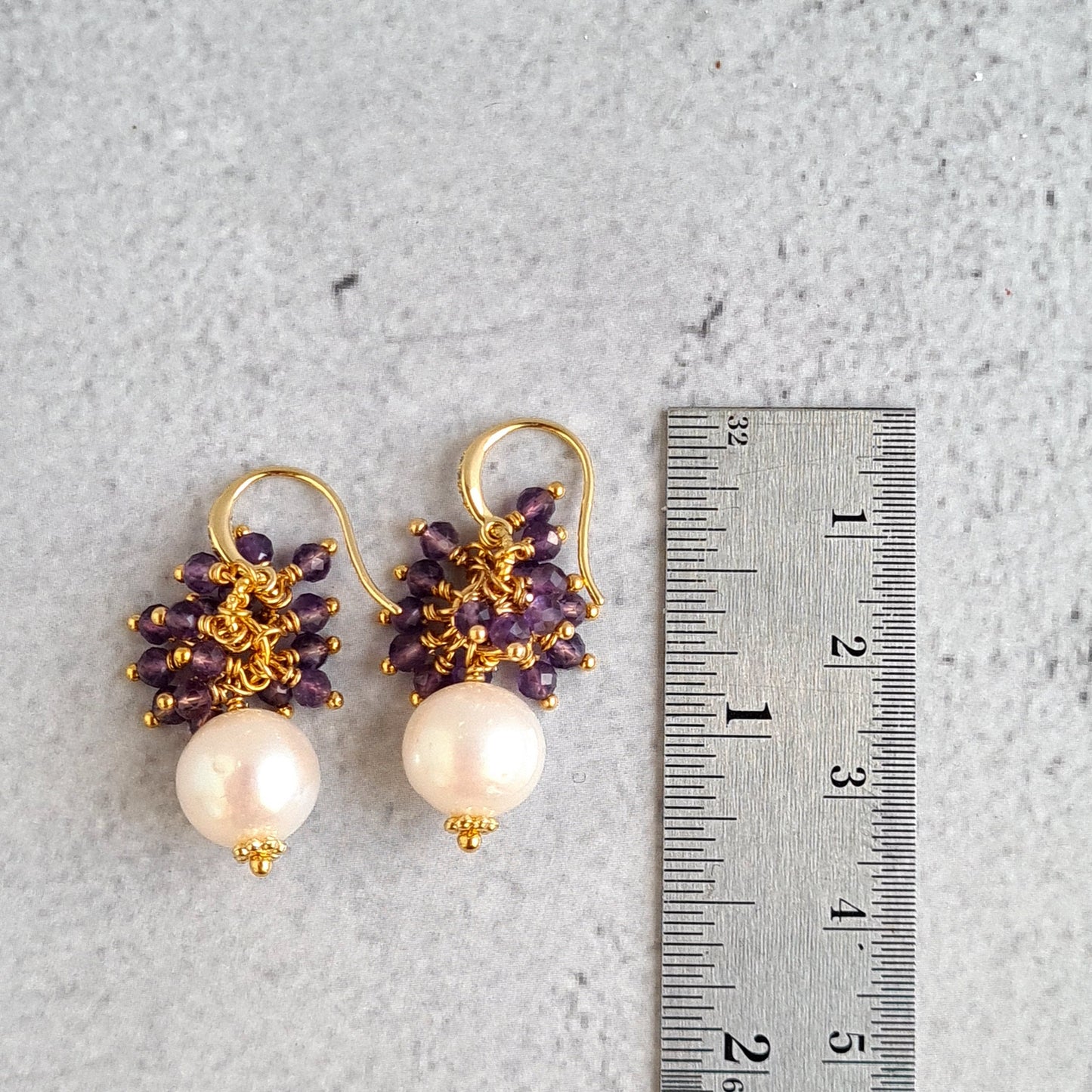 Fresh Water Pearl with Amethyst Gemstone Cluster Earrings, Pendant, Necklace Set