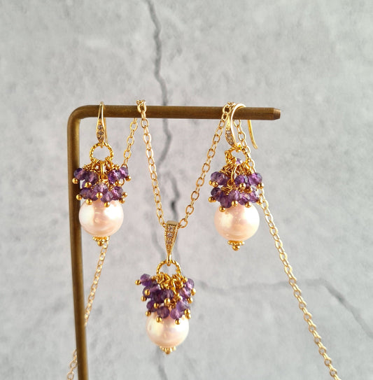 Fresh Water Pearl with Amethyst Gemstone Cluster Earrings, Pendant, Necklace Set