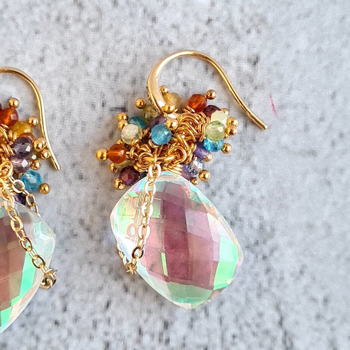Rainbow Quartz Brick with Rainbow Gemstone Cluster Earrings