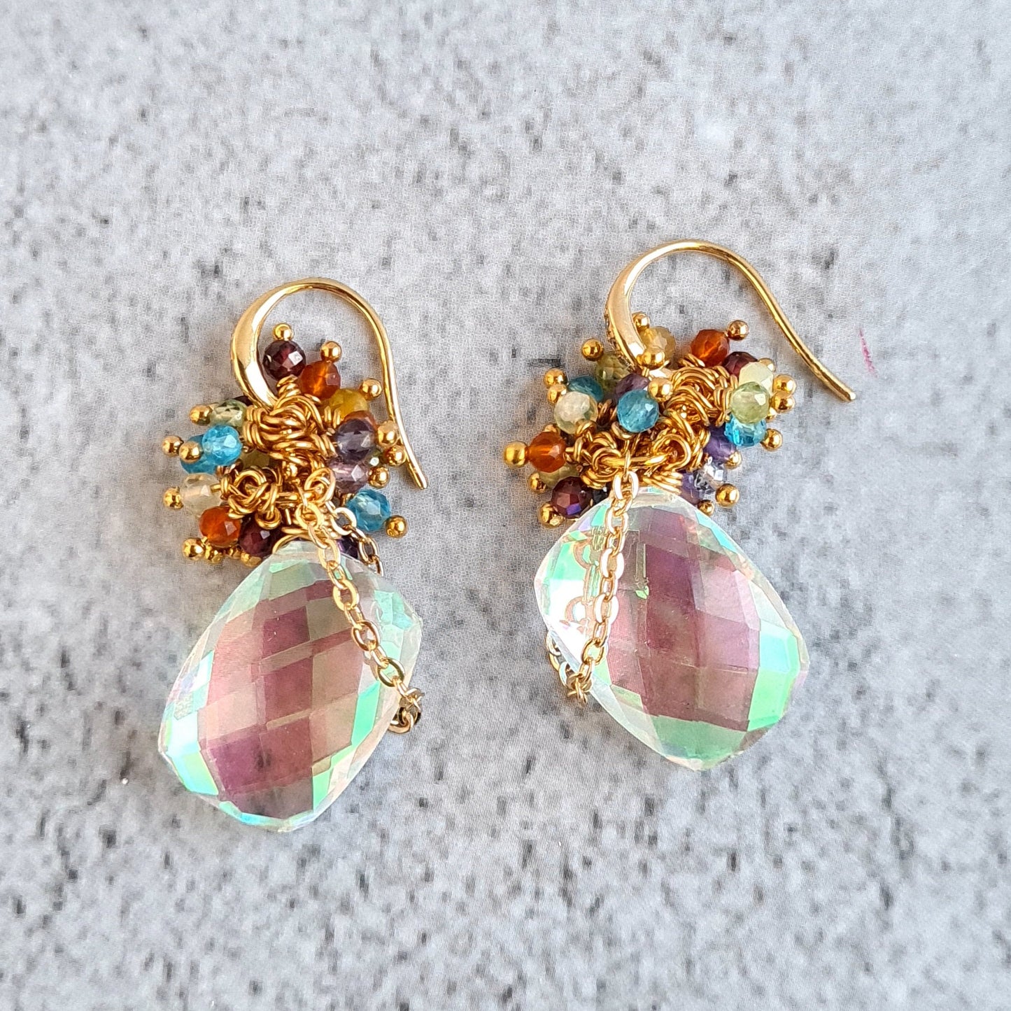 Rainbow Quartz Brick with Rainbow Gemstone Cluster Earrings