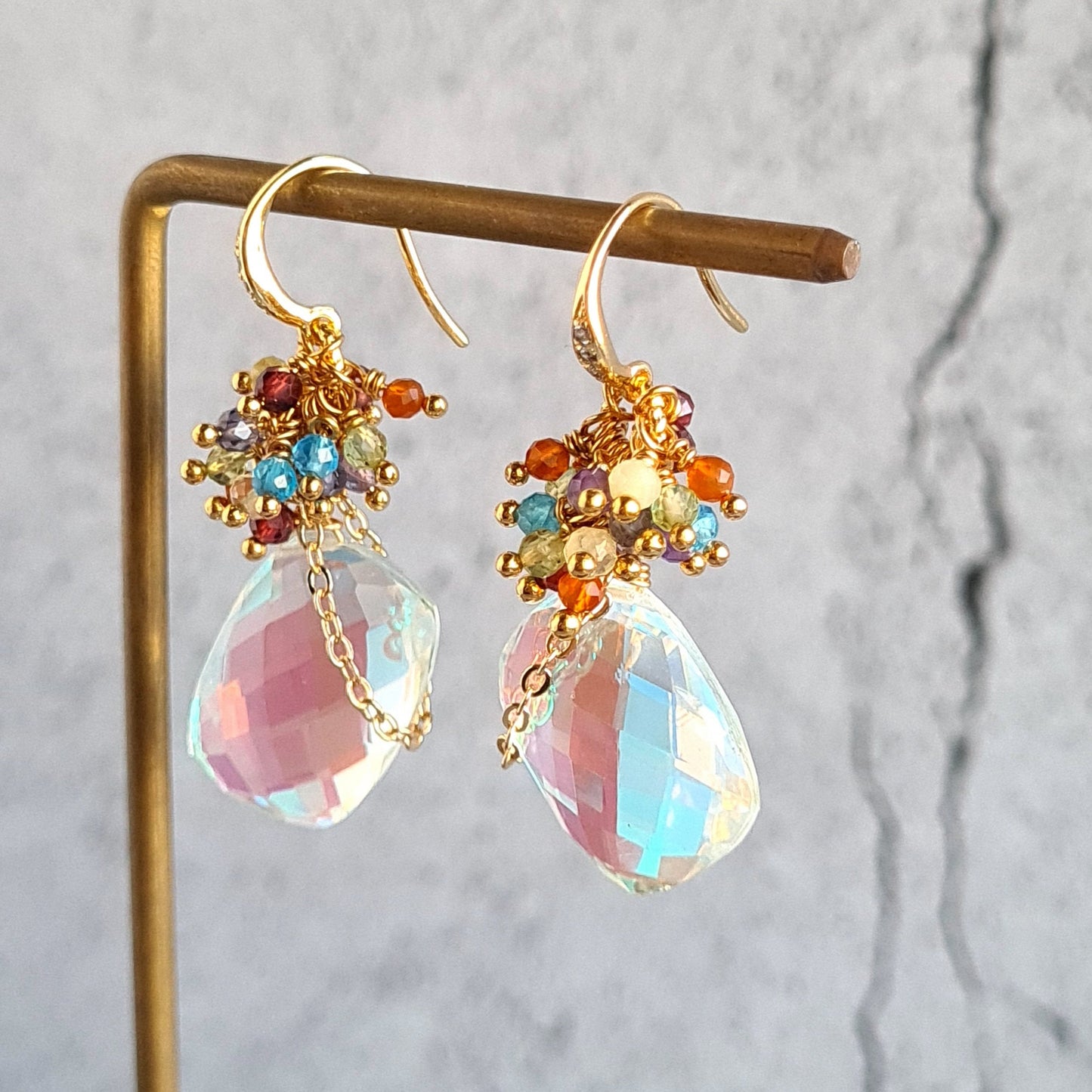 Rainbow Quartz Brick with Rainbow Gemstone Cluster Earrings