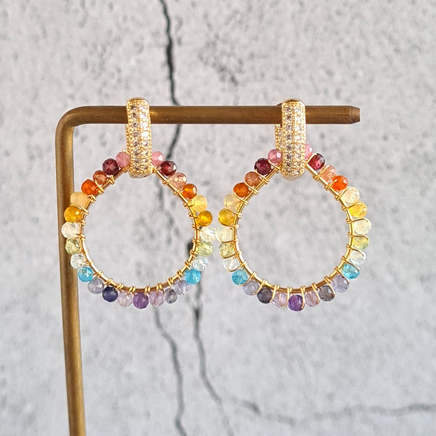 Rainbow Gemstone Ombre Wire Wrap with 14K fancy CZ Ear Hoop