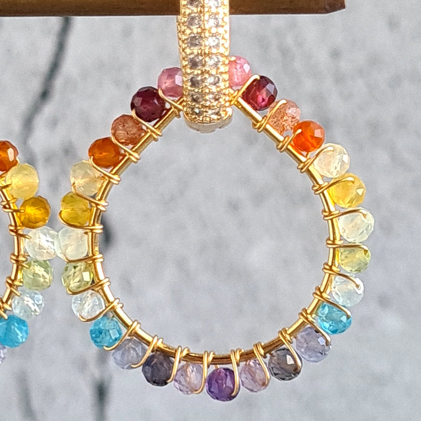Rainbow Gemstone Ombre Wire Wrap with 14K fancy CZ Ear Hoop