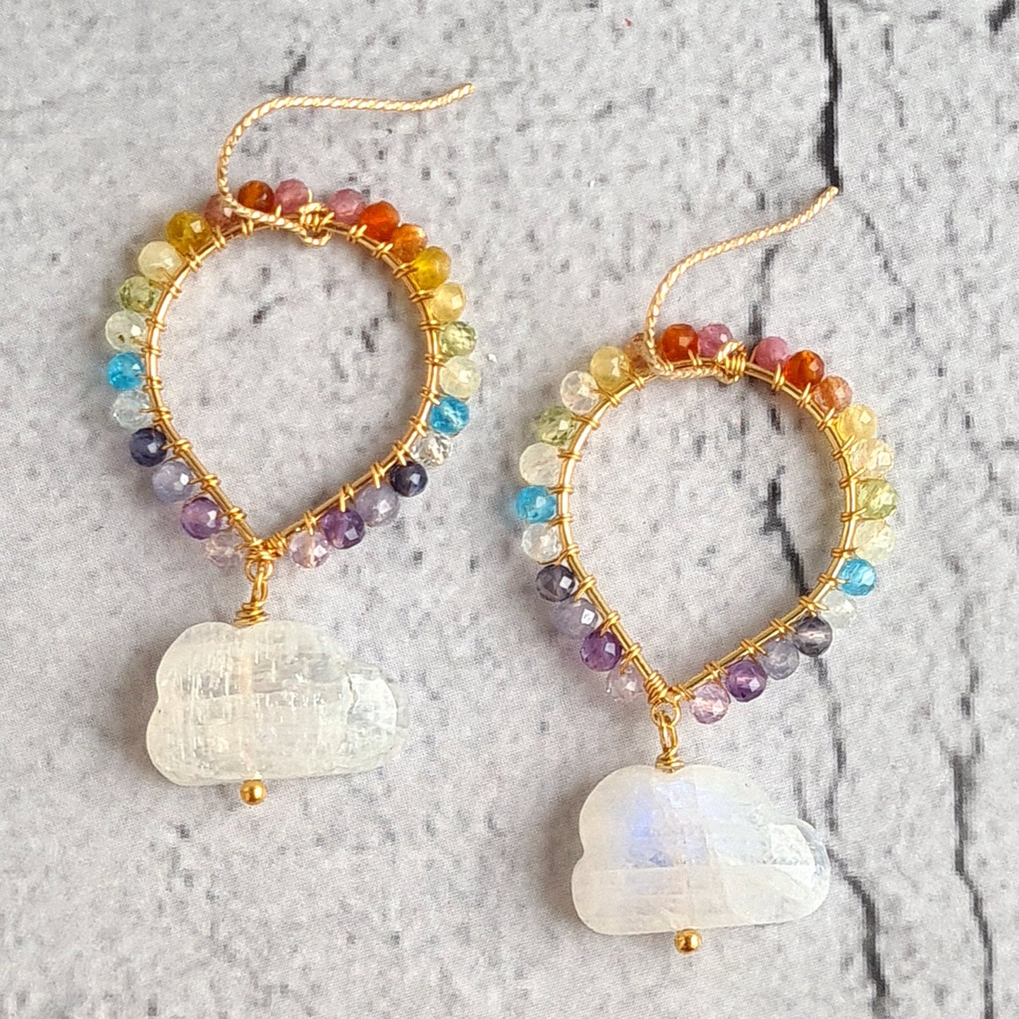 Rainbow Gemstone over Rainbow Moonstone Cloud Earrings