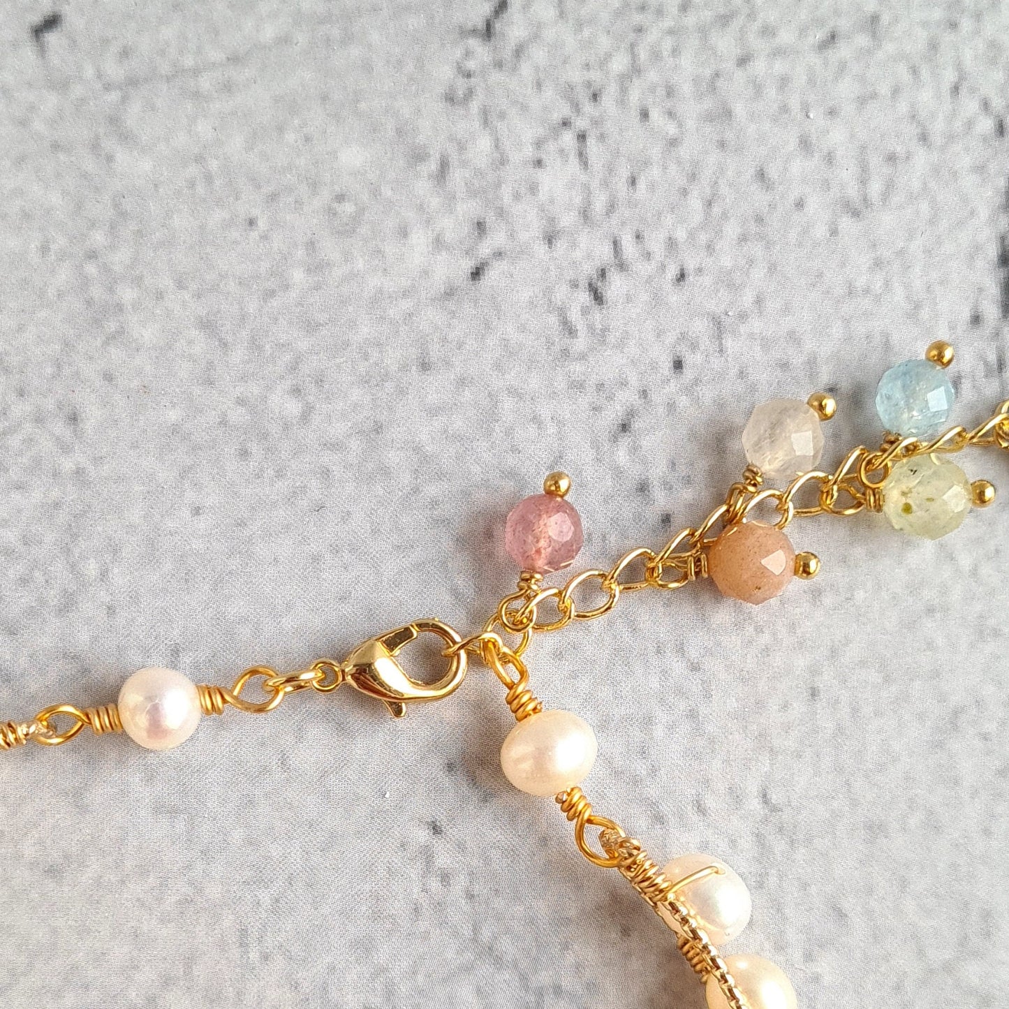 Rainbow Gemstone with fresh water pearl Semi Cuff Bangle