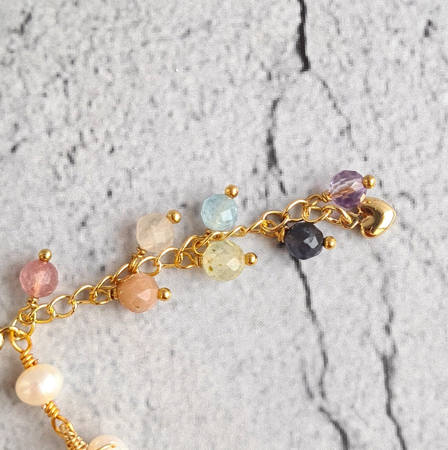 Rainbow Gemstone with fresh water pearl Semi Cuff Bangle
