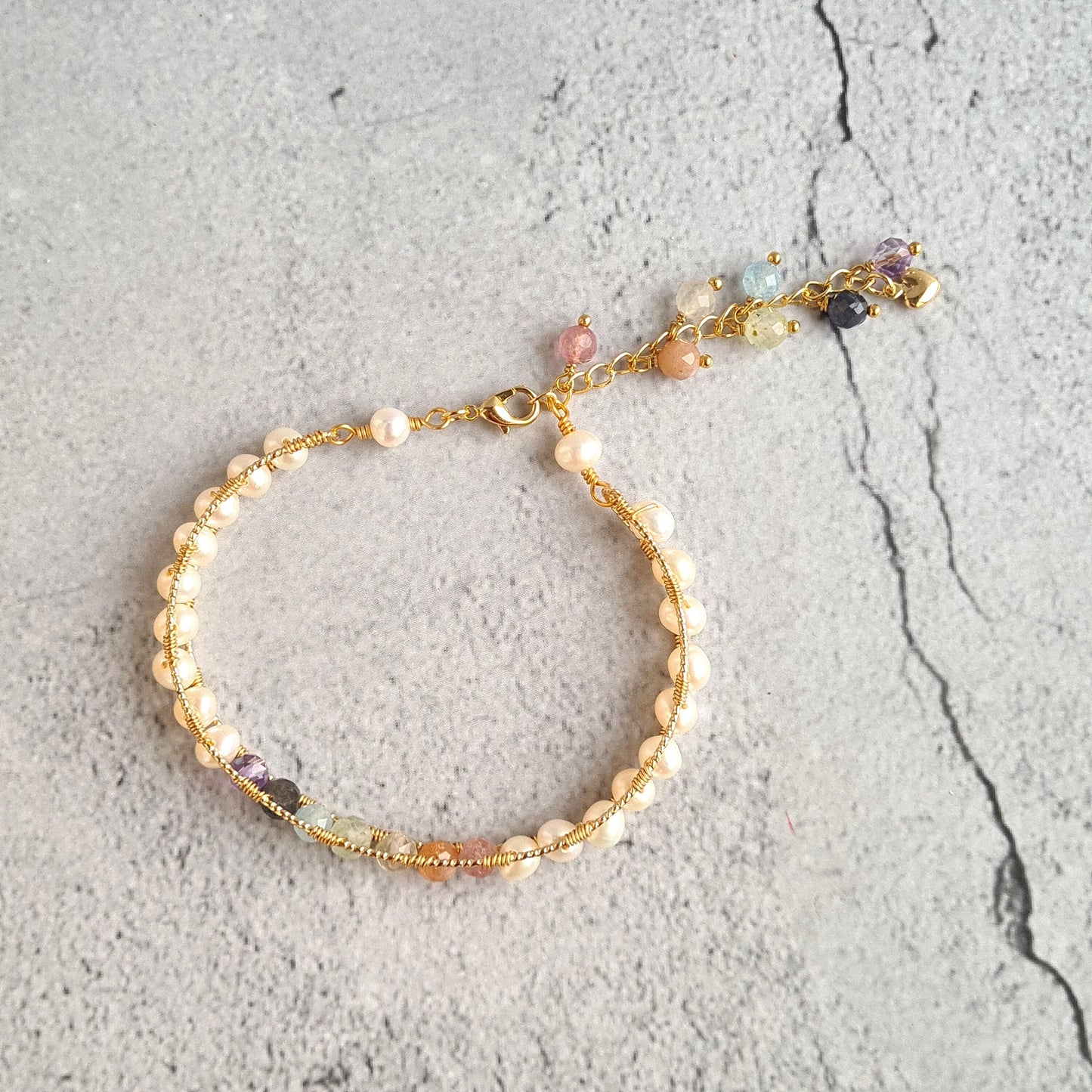 Rainbow Gemstone with fresh water pearl Semi Cuff Bangle