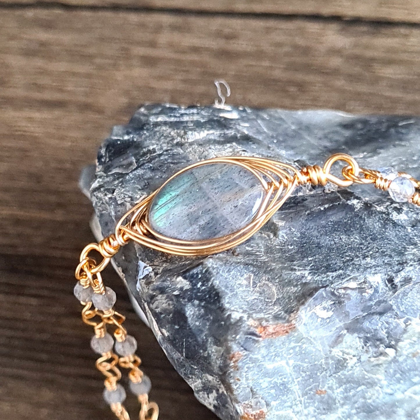 Labradorite Herringbone with Labradorite Chain Gemstone Bracelet