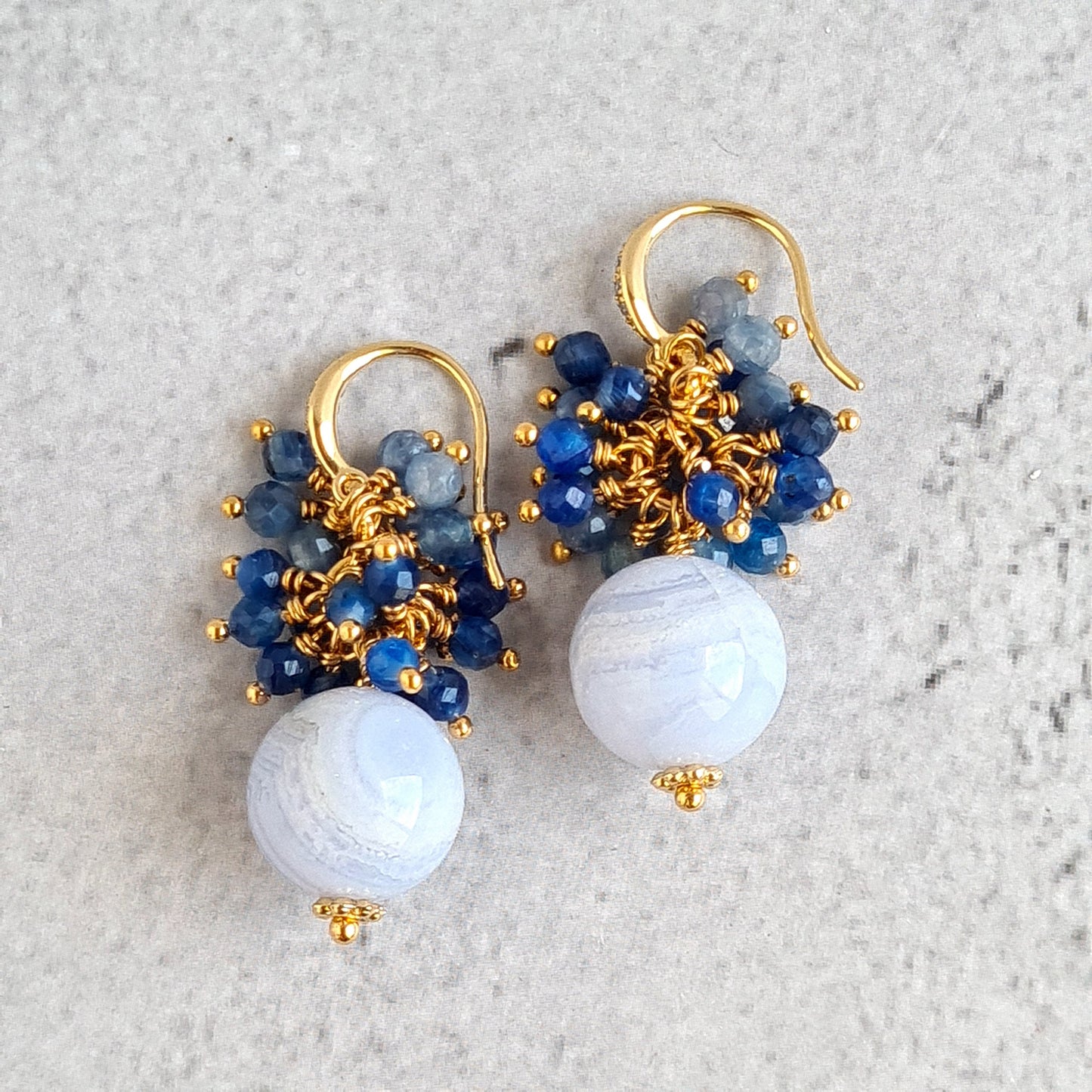 Blue Laca Agate with Kyanite Gemstone Cluster Earrings, Pendant, Necklace Set