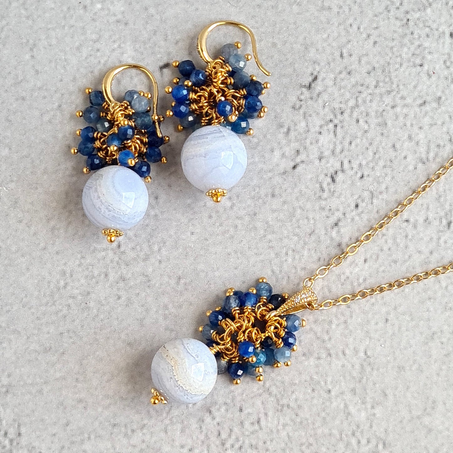 Blue Laca Agate with Kyanite Gemstone Cluster Earrings, Pendant, Necklace Set