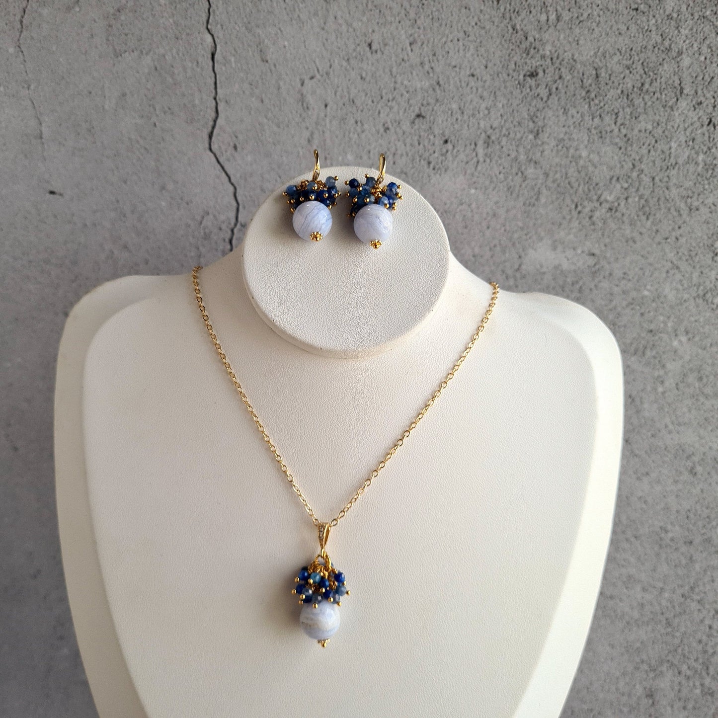 Blue Laca Agate with Kyanite Gemstone Cluster Earrings, Pendant, Necklace Set