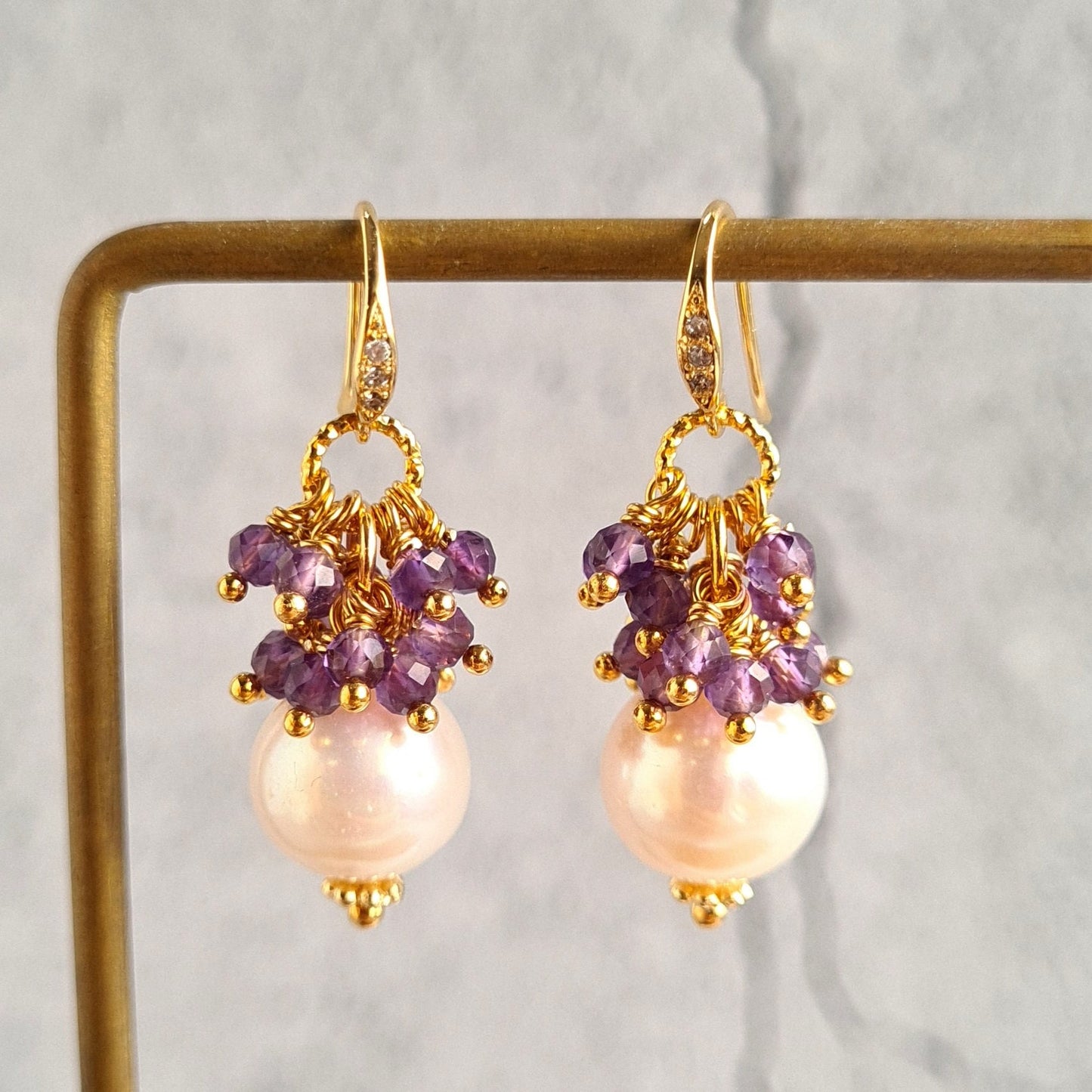 Fresh Water Pearl with Amethyst Gemstone Cluster Earrings, Pendant, Necklace Set