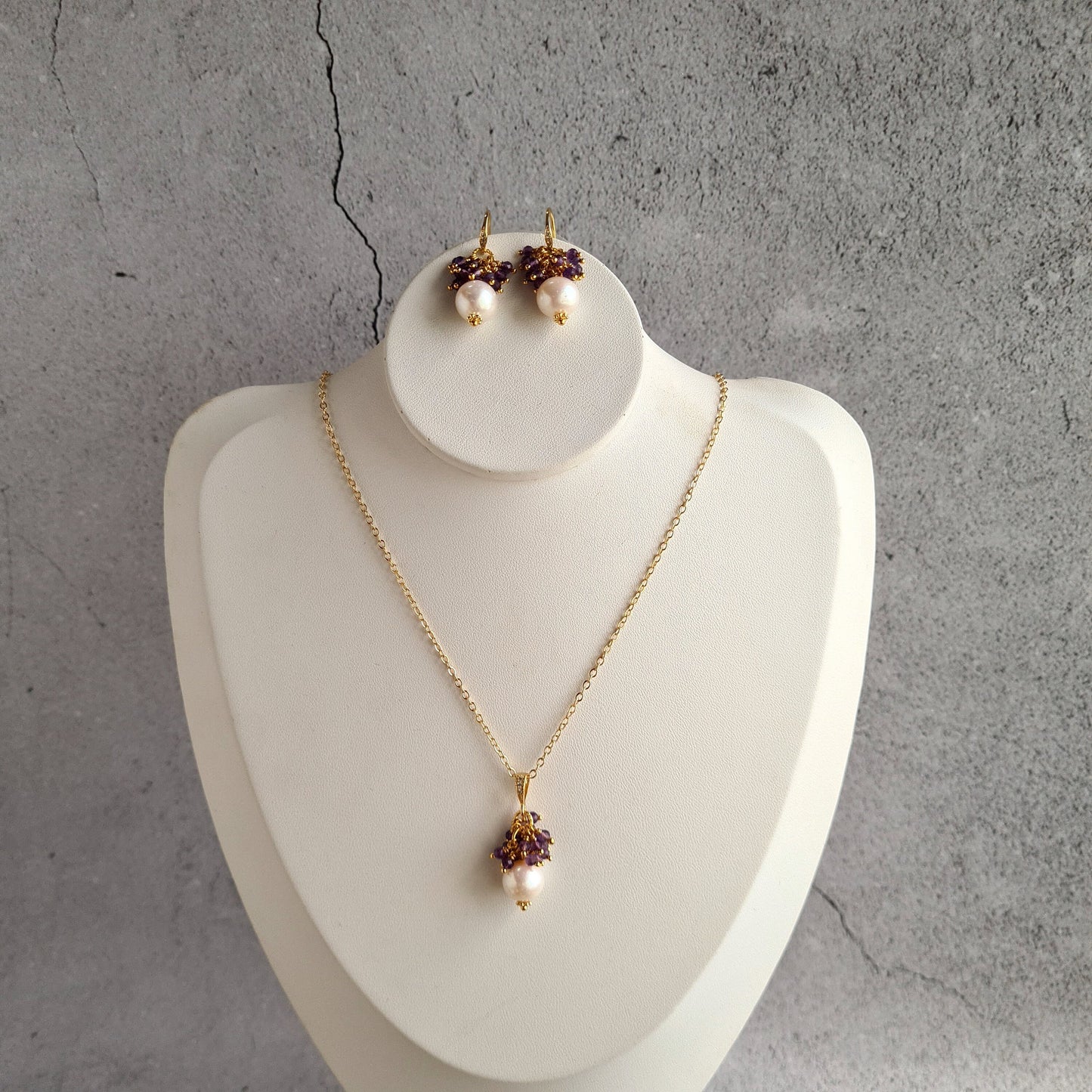 Fresh Water Pearl with Amethyst Gemstone Cluster Earrings, Pendant, Necklace Set