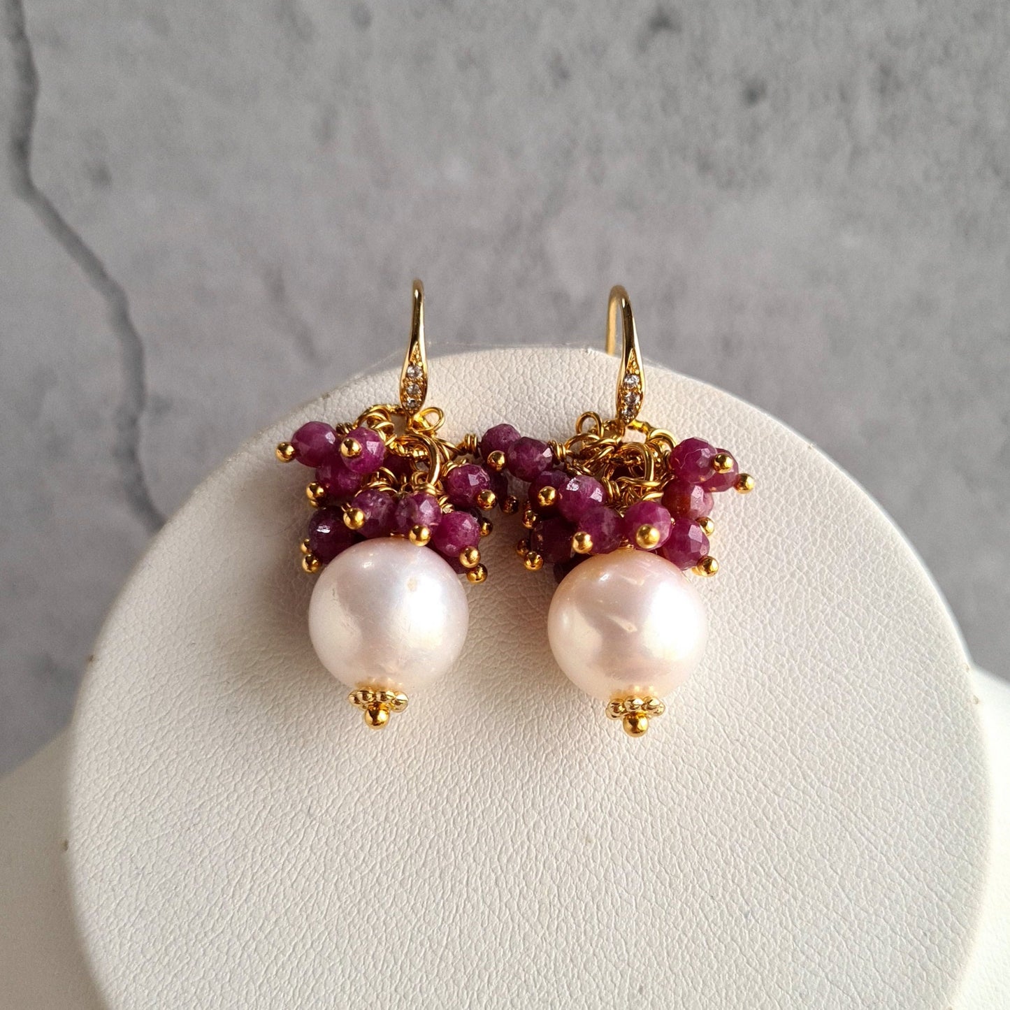 Fresh Water Pearl with Ruby Gemstone Cluster Earrings, Pendant, Necklace Set