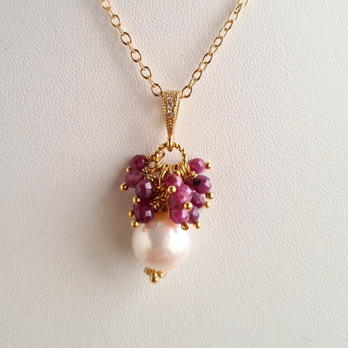 Fresh Water Pearl with Ruby Gemstone Cluster Earrings, Pendant, Necklace Set