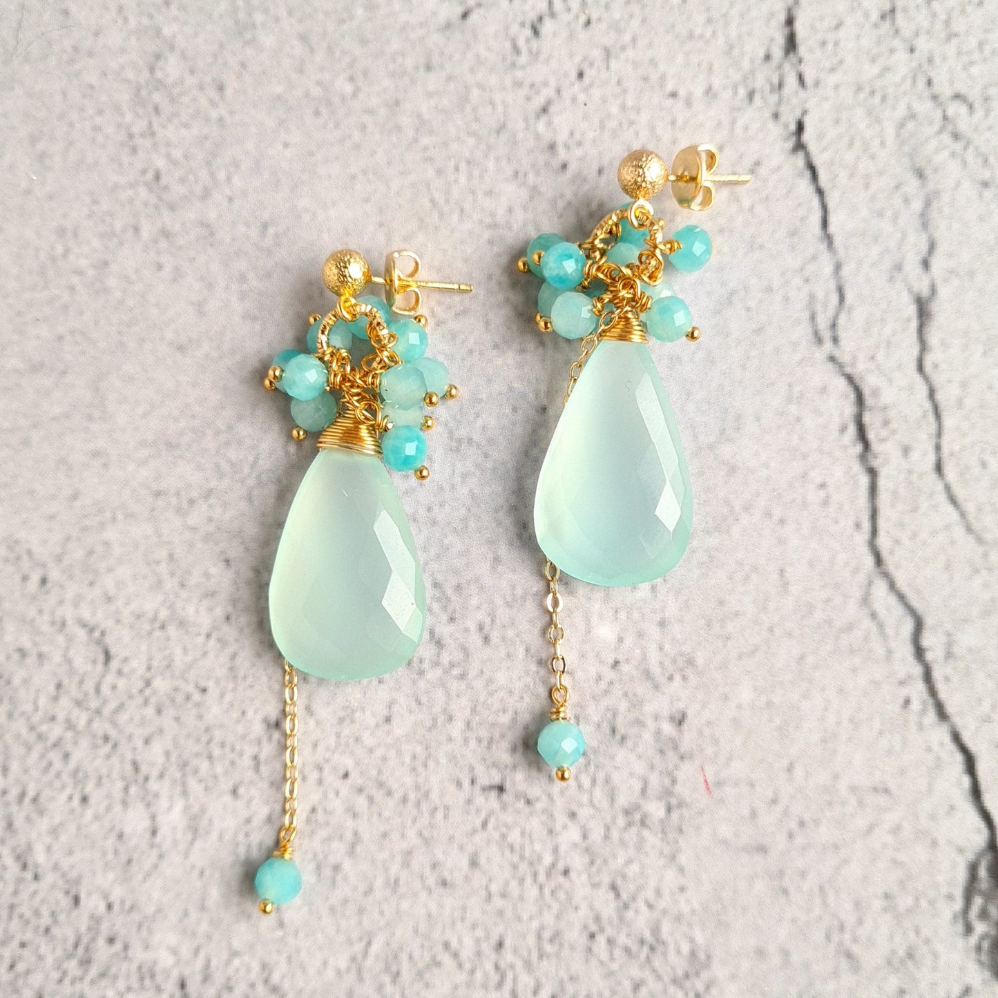 Aqua Blue Chalcedony Cluster Gemstone with Amazonite Earrings & Necklace Set