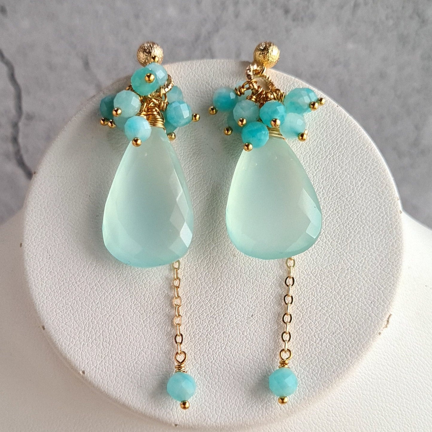 Aqua Blue Chalcedony Cluster Gemstone with Amazonite Earrings & Necklace Set