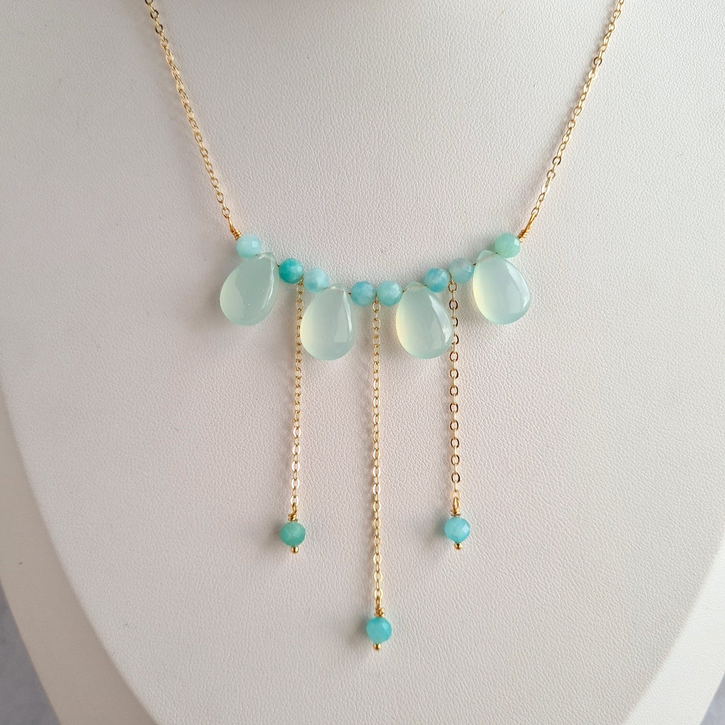Aqua Blue Chalcedony Cluster Gemstone with Amazonite Earrings & Necklace Set